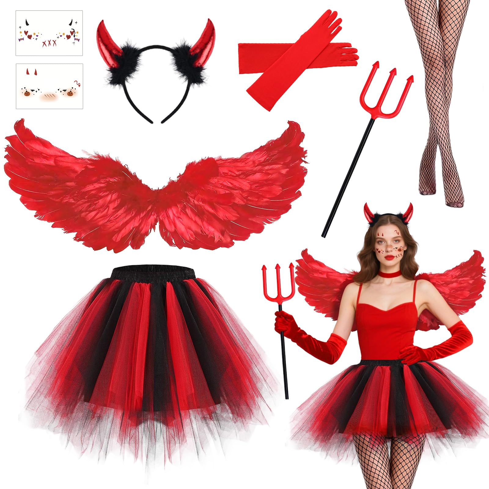 Costume Angelo Halloween Costume Donna con Ali Rosse Corna Forcone Diavolo Guanti Calze a Rete e Gonna Tutù, Ali Angelo Rosse Costume Diavolo per Adulto Bambino Feste di Halloween Carnevale