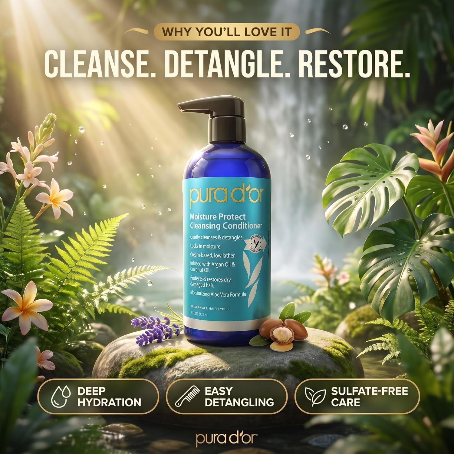 PURA D’OR Moisture Protect Cleansing Conditioner (16oz) Detangles & Restores Hair with Argan Oil, Lavender, No Sulfate, All Hair Types, Men & Women (Packaging may vary) image 4