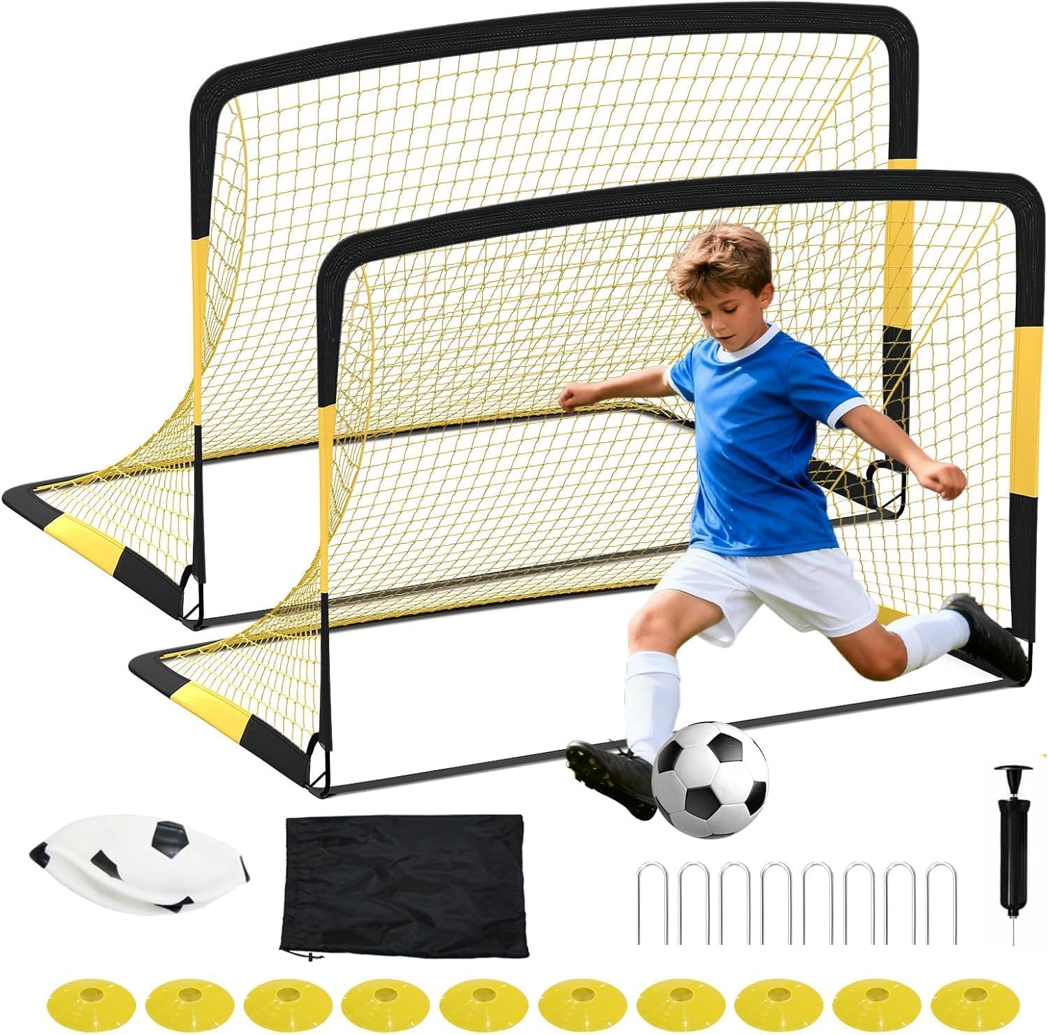 6' x 4' Soccer Goal Net Set of 2, Portable Pop Up Kids Soccer Goals for Backyard/Outdoor/Court, with Soccer Ball, Carry Bag, Cones & Ground Pegs, Ideal for Youth Practice & Games