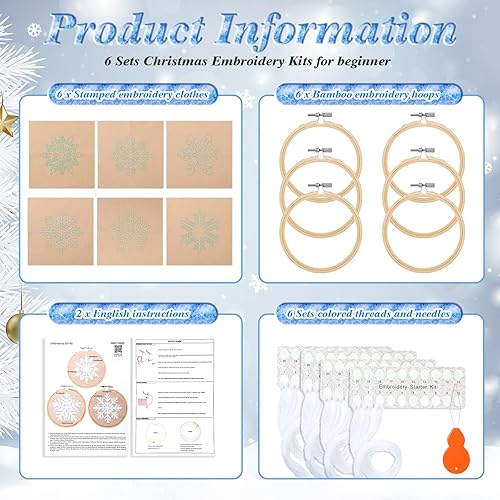 Miniatura 3 de Juego de 6 juegos de bordado de invierno para principiantes, copos de nieve, kit de cruz de Navidad, kit de punto de aguja con patrones,