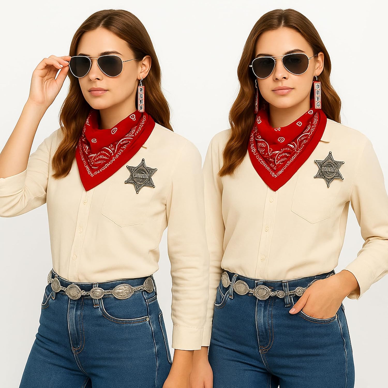 Cowboy & Cowgirl Costume Outfit Accessories Set for Women and Teen Girls – 5pcs Western Kit with Concho Chain Belt, Bandana, Badge, Sunglasses & BANG Earrings for Halloween or Party Dress Up - Image 4