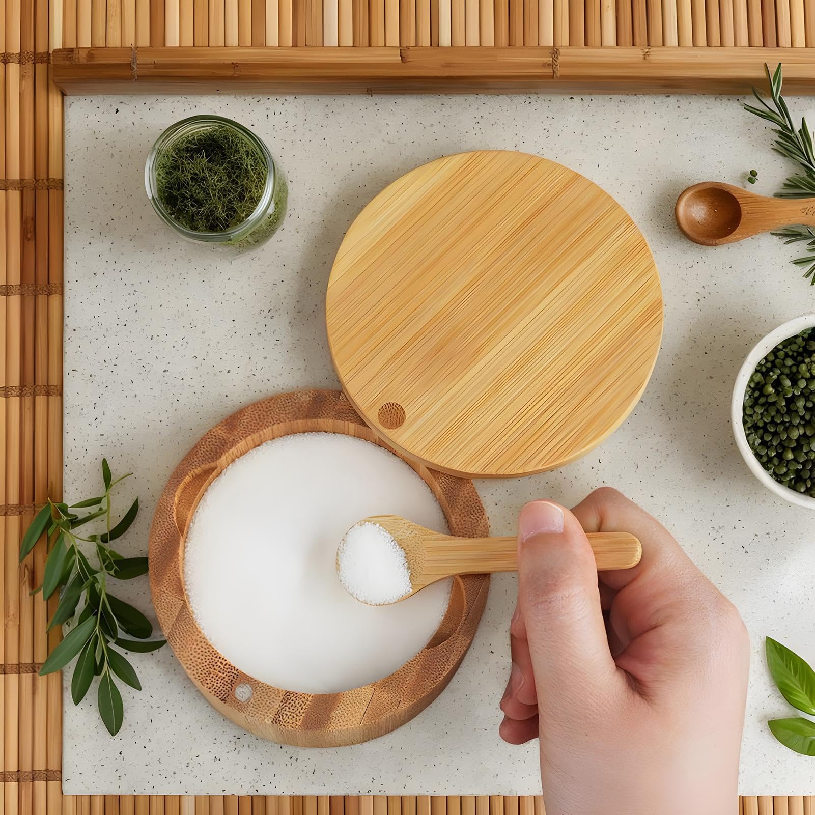 Generico Bodega de sal de madera de bambú, caja de sal de madera | Bodega de condimentos con cuchara - Tarro de cocina, cuencos de suger para restaurante y familia