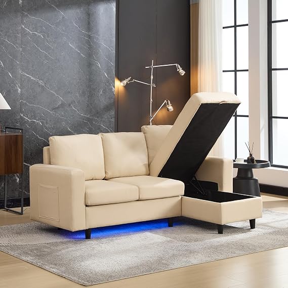 L Shaped Sofa with Reversible Storage Chaise, Charging, LED