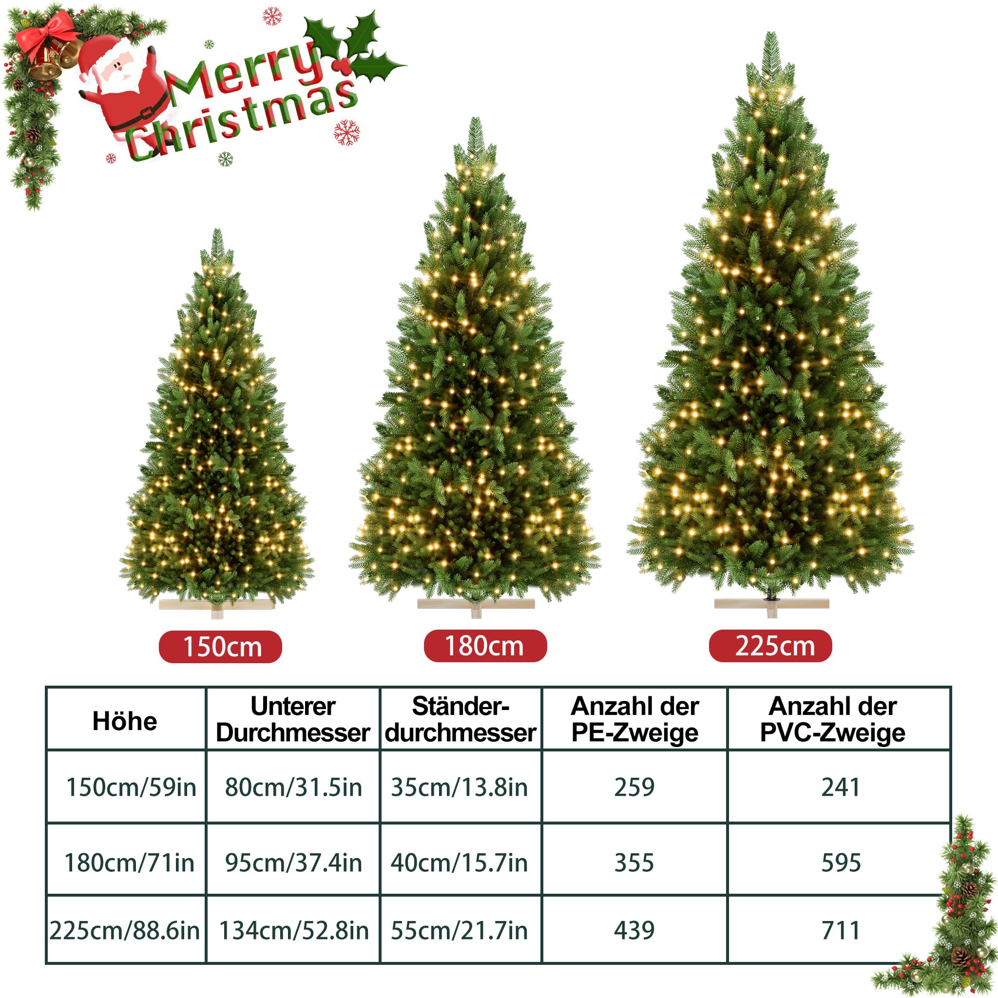LZQ Sapin de Noël artificiel avec support en bois - Avec éclairage - Avec branches et lumière LED chaude - Pour décoration de Noël - Intérieur et extérieur - 150 cm