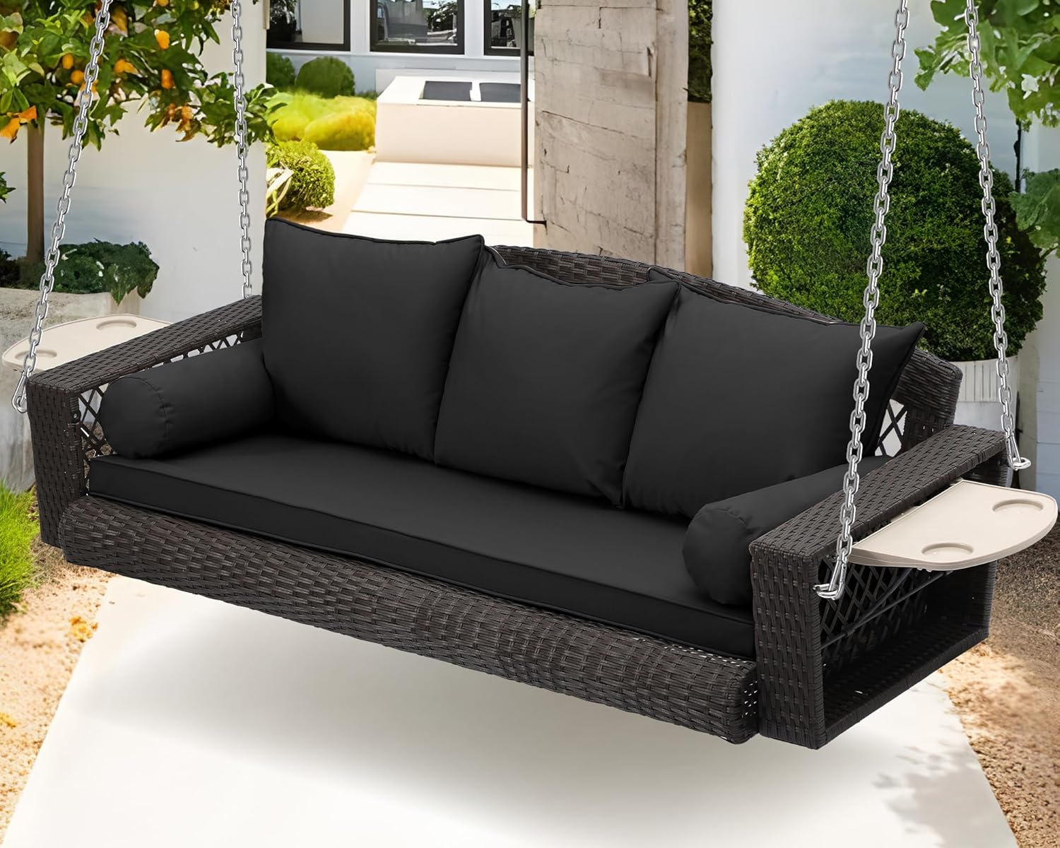 Grepatio Wicker Hanging Porch Swing - Outdoor 3 Person Patio Swing Bench with Cushion & Chains - 3-Seat Porch Swing Chair with Cup Holder for Garden, Yard, Lawn (Black Brown Rattan)