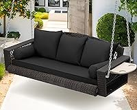 Grepatio Wicker Hanging Porch Swing for 3 - Outdoor Patio Swing Bench with Cushions, Chains & Cup Holders, Black Brown Rattan