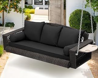 Grepatio Wicker Hanging Porch Swing for 3 - Outdoor Patio Swing Bench with Cushions, Chains & Cup Holders, Black Brown Rattan