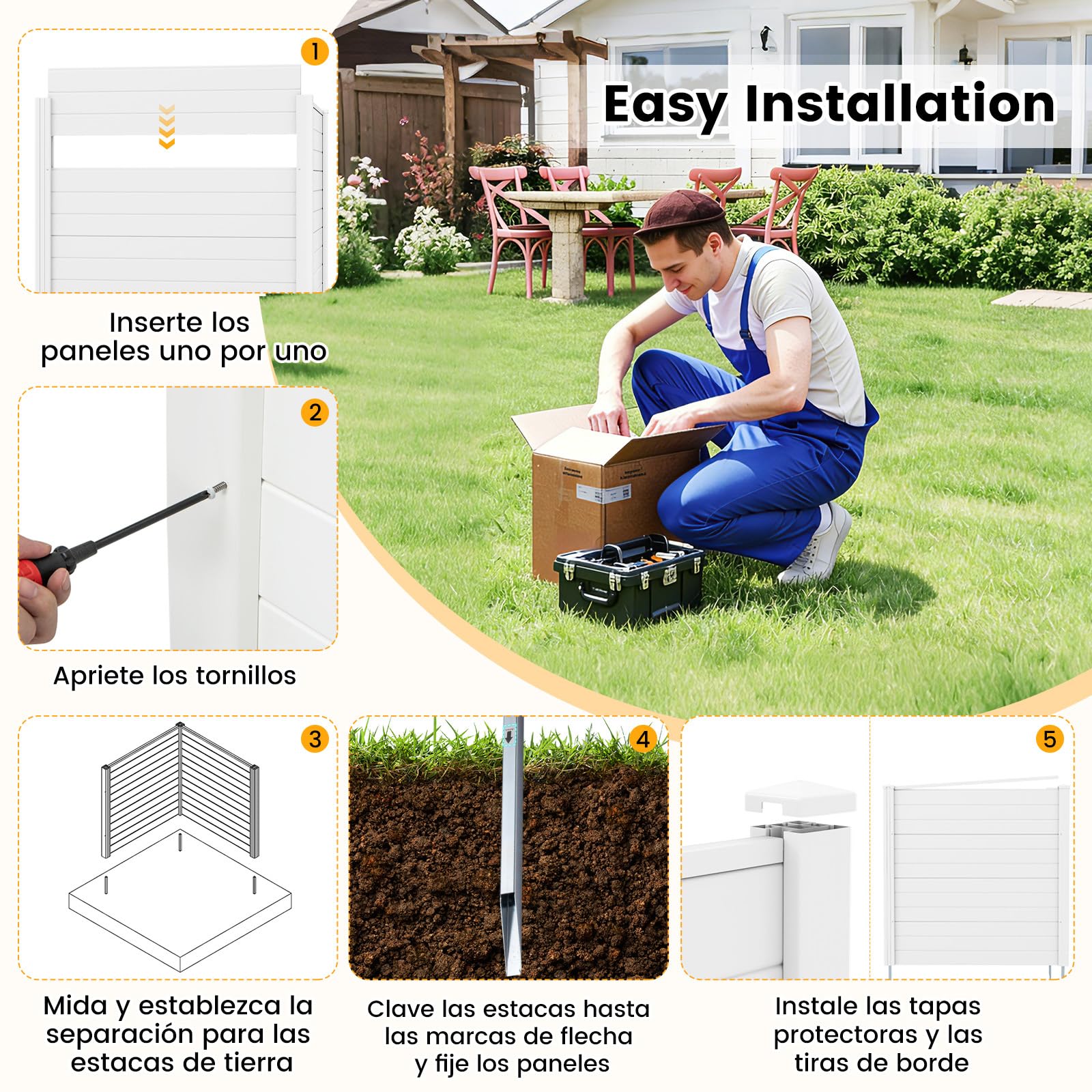 COSTWAY Vallas Jardin PP de 2/4 Paneles, 1230 x 1230 mm, Pantallas de Privacidad con Estacas de Tierra para Aire Acondicionado y Cubo de Basura, Valla de Ocultación Exterior Jardín Patio (blanco,2)