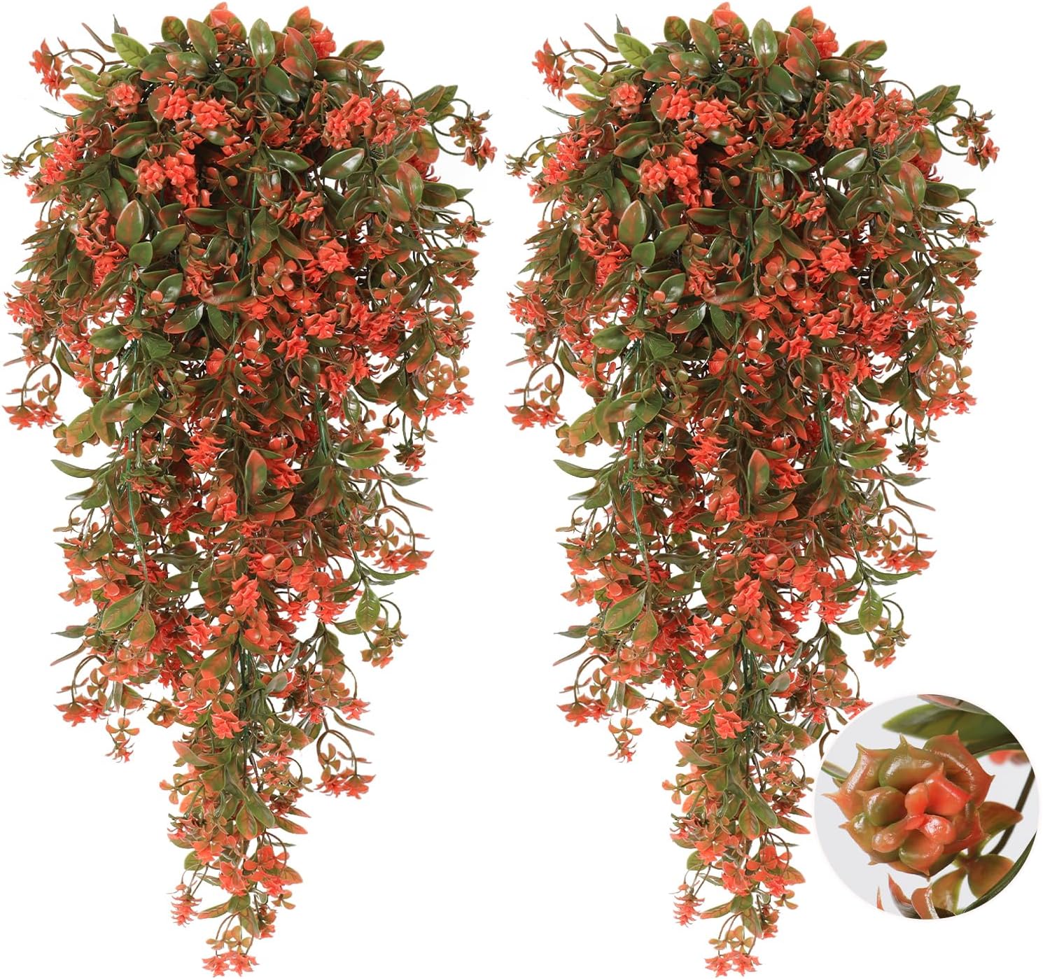 RECUTMS 2Pcs Fake Fall Plastic Outdoor Flowers Artificial Fall Hanging Plants Faux Greenery Vine Plant for Indoor Room Front Door Garden Porch Patio Wedding Party Decorations (Autumn Red) Orange-rose 2Pcs