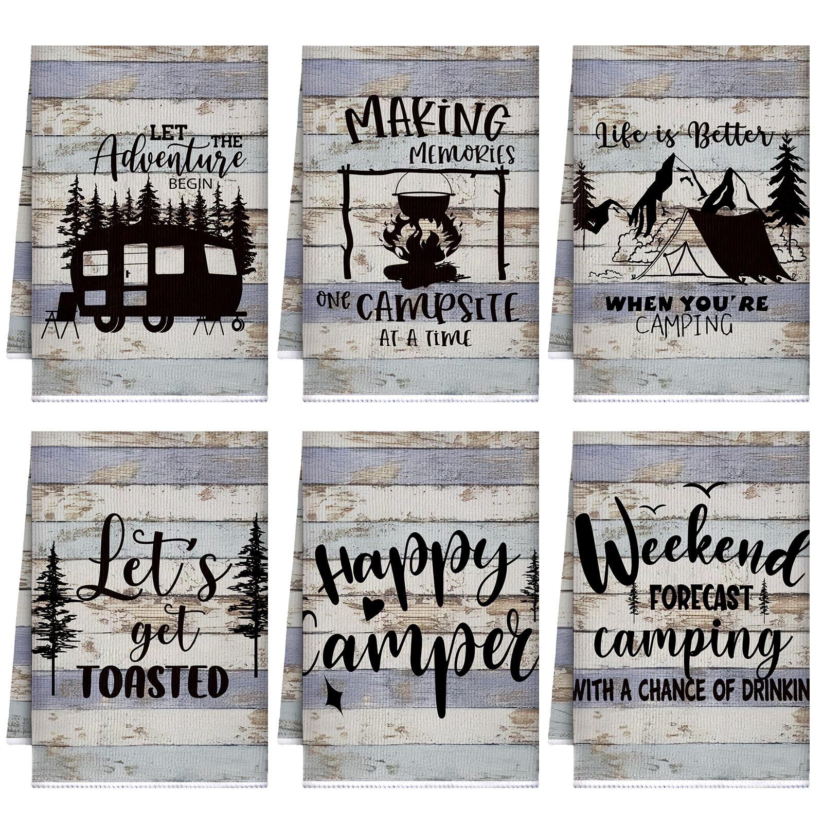 Boyiee Happy Camper Camping Kitchen Towels Set of 6, Absorbent Tea Towels with Funny Phrases, 61 x 40 cm