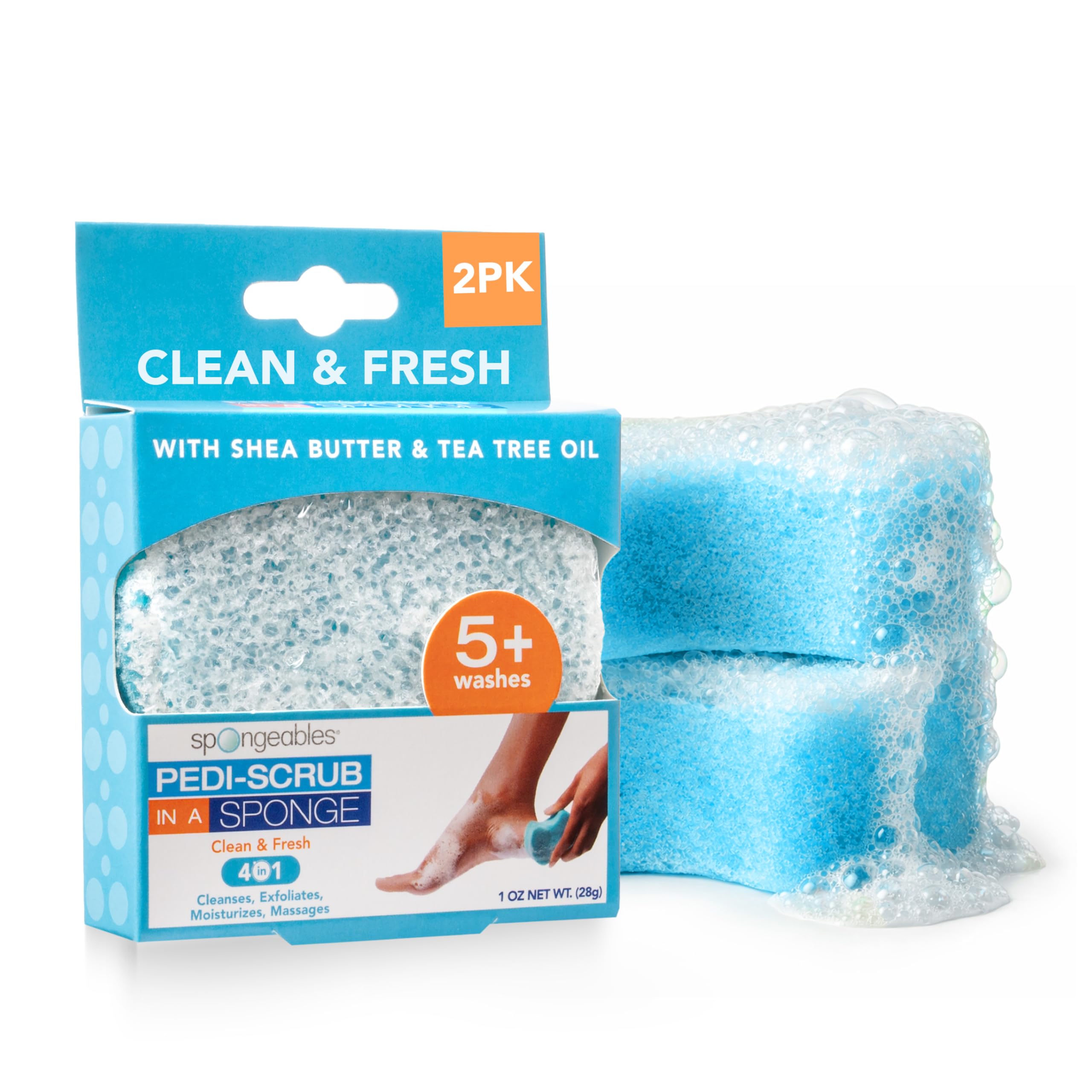 Spongeables Pedi Scrub Foot Exfoliating 20+ Wash Sponge, Clean &amp; Fresh, 2 Count