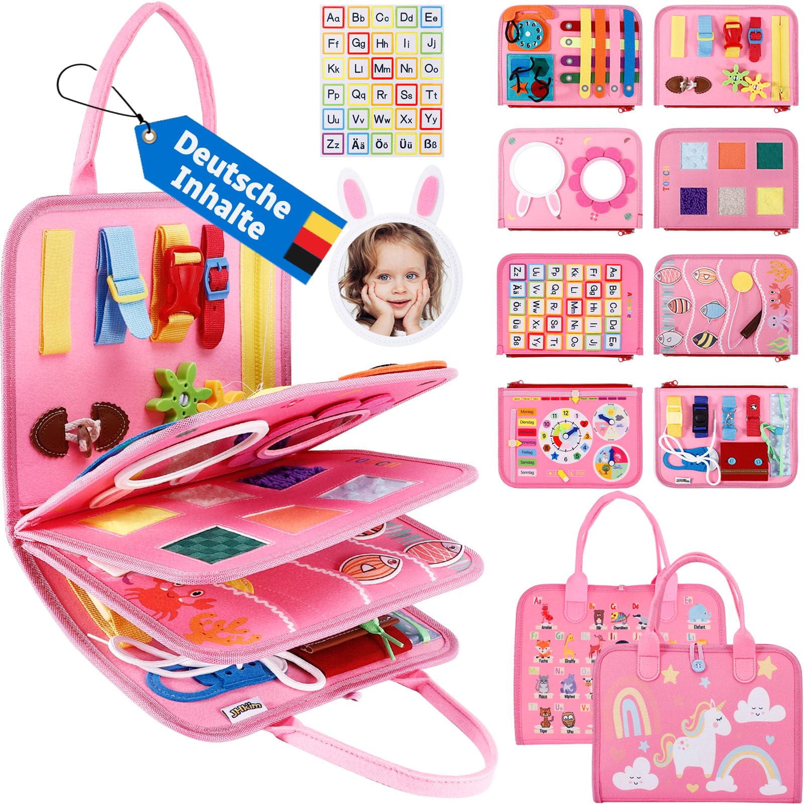 JHkim Busy Board Deutsch Montessori Spielzeug ab 1 2 3 4 Jahre, Jungen & Mädchen Kinder Sensorik Geschenk, Activity Board Busy Book Lernspielzeug, Motorikspielzeug für Reise Auto & Flugzeug, Rosa