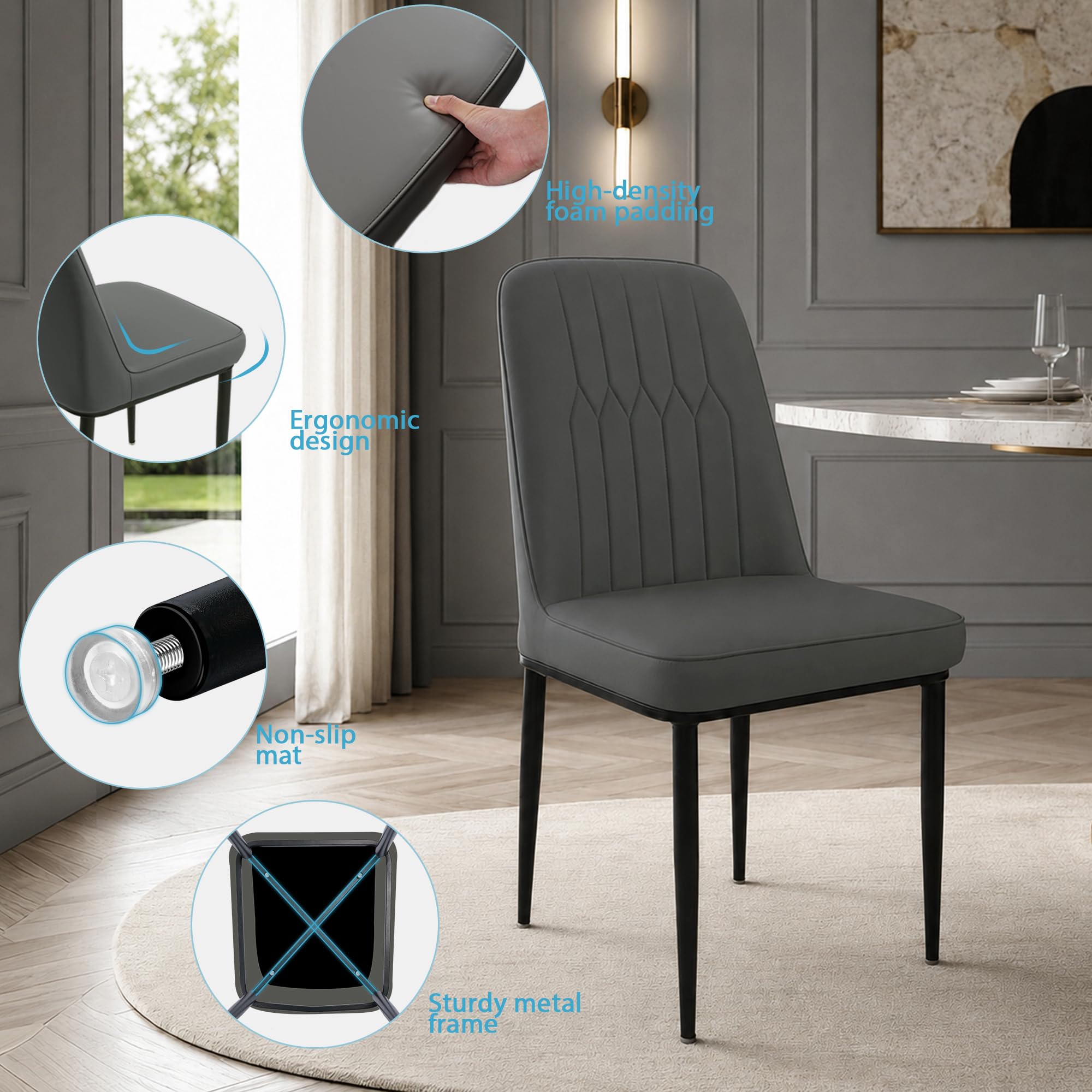 Durrafy Set di 6 Sedie da Pranzo,Sedie Imbottite Moderne in Ecopelle, Sedie con Robuste Gambe in Metallo, Adatte per sala da Pranzo, Cucina e Soggiorno, Grigio
