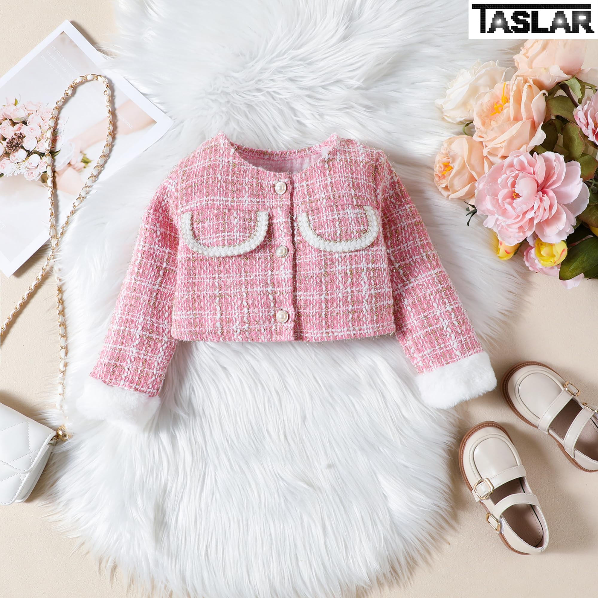 TASLAR Kids Striped Toddler Jacket Baby Girls Suit Furry Patchwork Coat + Skirt + Beret 3Pcs Long Sleeve Shirt Tops Skirts Hat Sets Kids Casual Fashionable Party Dress 4
