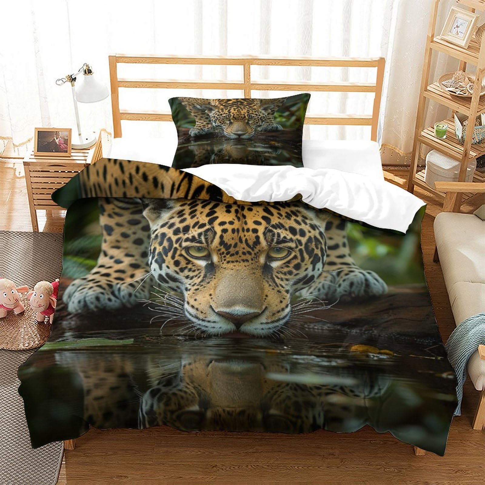 P1s9u7w5y Jaguar-2 Realistic Leopard 3D Printed 3Pcs Microfiber Duvet Cover Set Wildlife Bedroom Bedding Set Single（135X200cm）