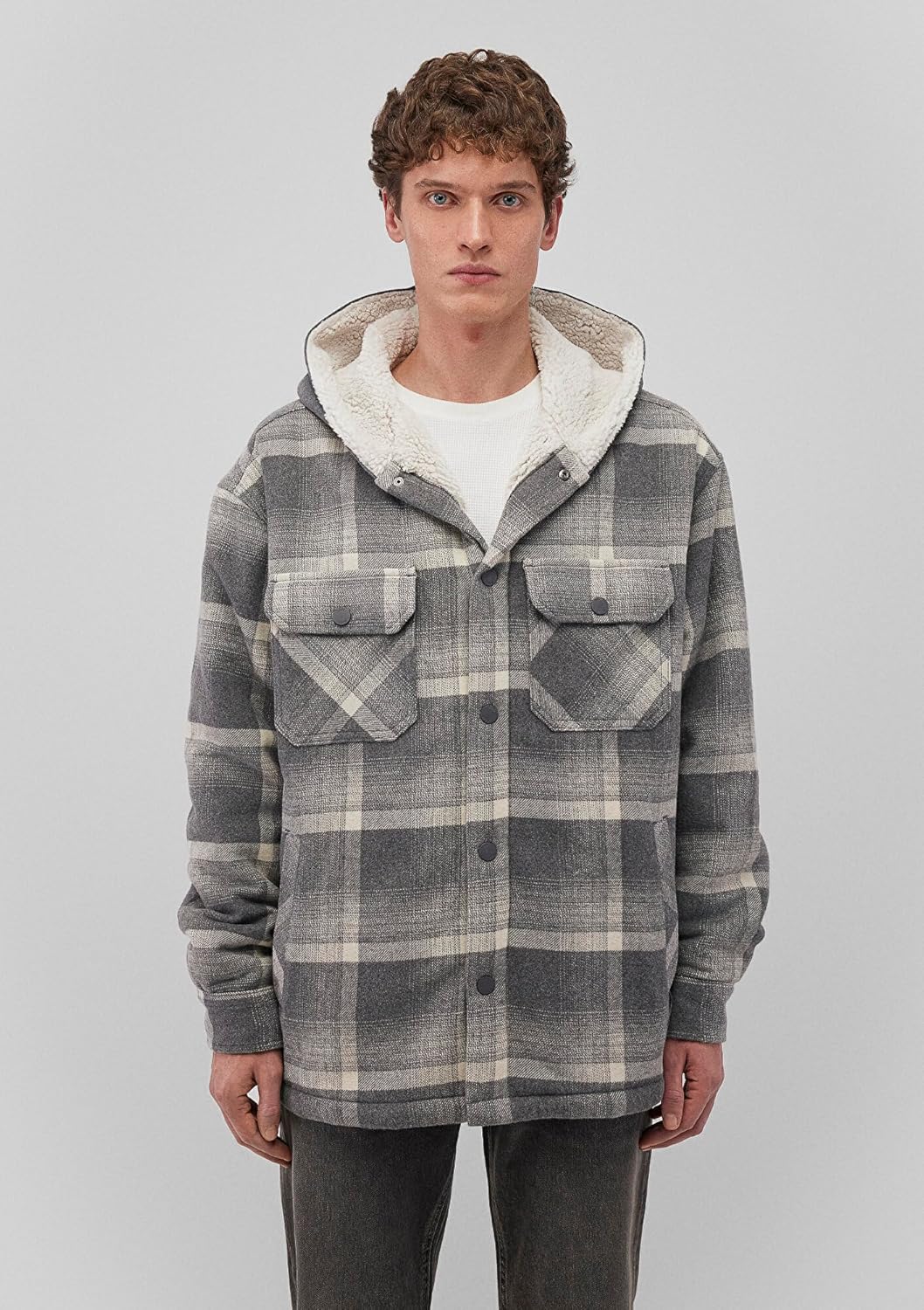 Black Plaid Check Shacket with Fleece Hood by Mavi