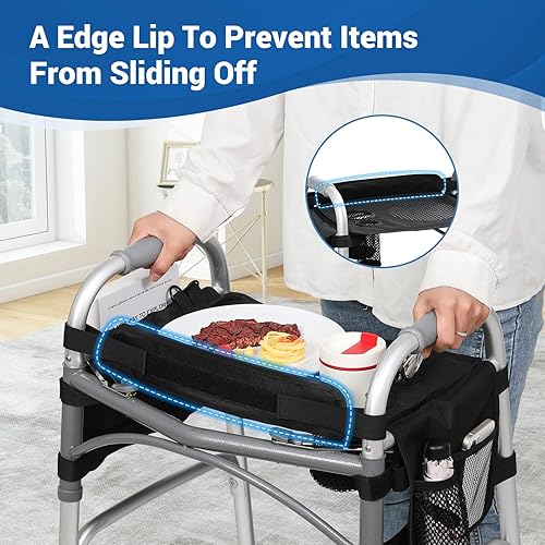 Miniatura 3 de Bandeja para andadores para personas mayores con portavasos  Accesorios para andadores con bolsillos, portavasos y alfombrilla antideslizante para