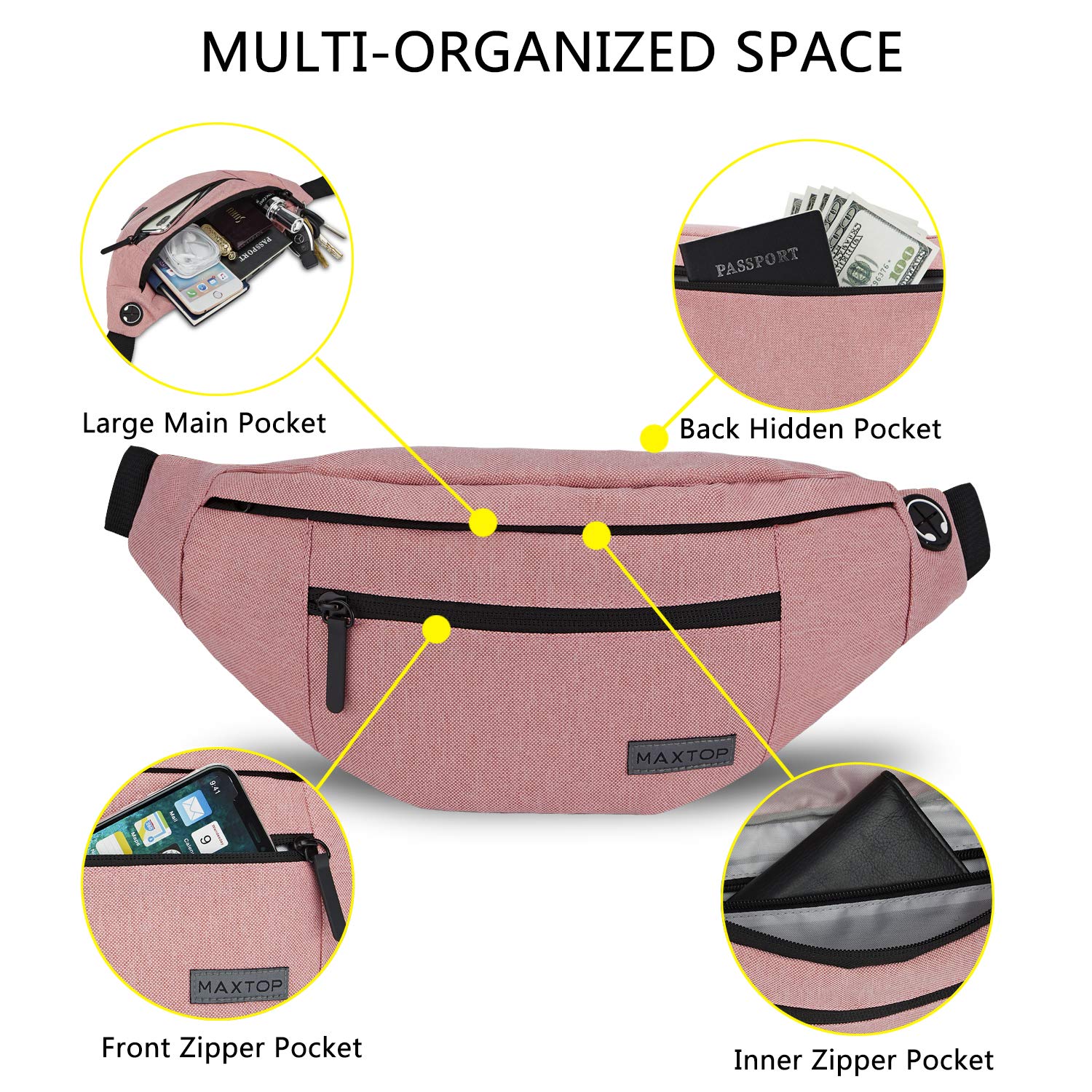 MAXTOP Marsupio grande per donna e uomo, marsupio con attacco per cuffie e 4 tasche con zip, cintura regolabile per ciclismo, corsa, jogging, viaggio, outdoor, allenamento