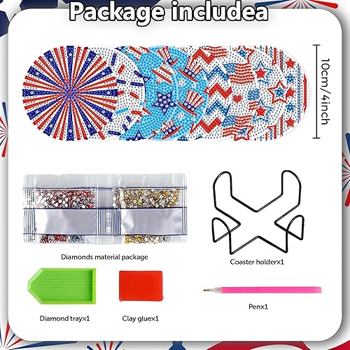 Miniatura 2 de 8 posavasos patrióticos de diamantes con soporte para bricolaje, lindos posavasos de arte de diamantes del 4 de julio, Día de la Independencia 5D