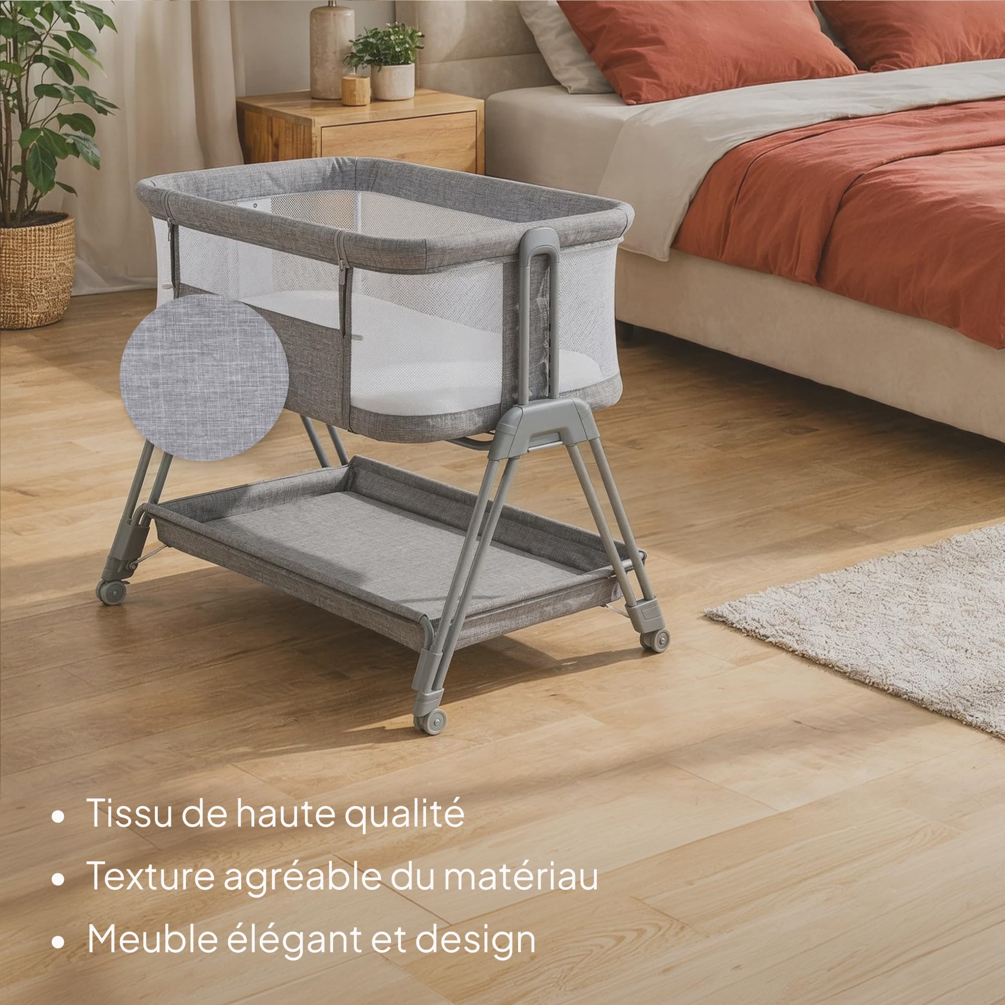 lionelo Luna, lit Bebe indépendant, cododo avec Matelas, co-Sleeping, du Nouveau-né à 9 kg. Hauteur et Inclinaison réglables, 4 Roues avec Blocage, Fixation au lit des Parents, aéré
