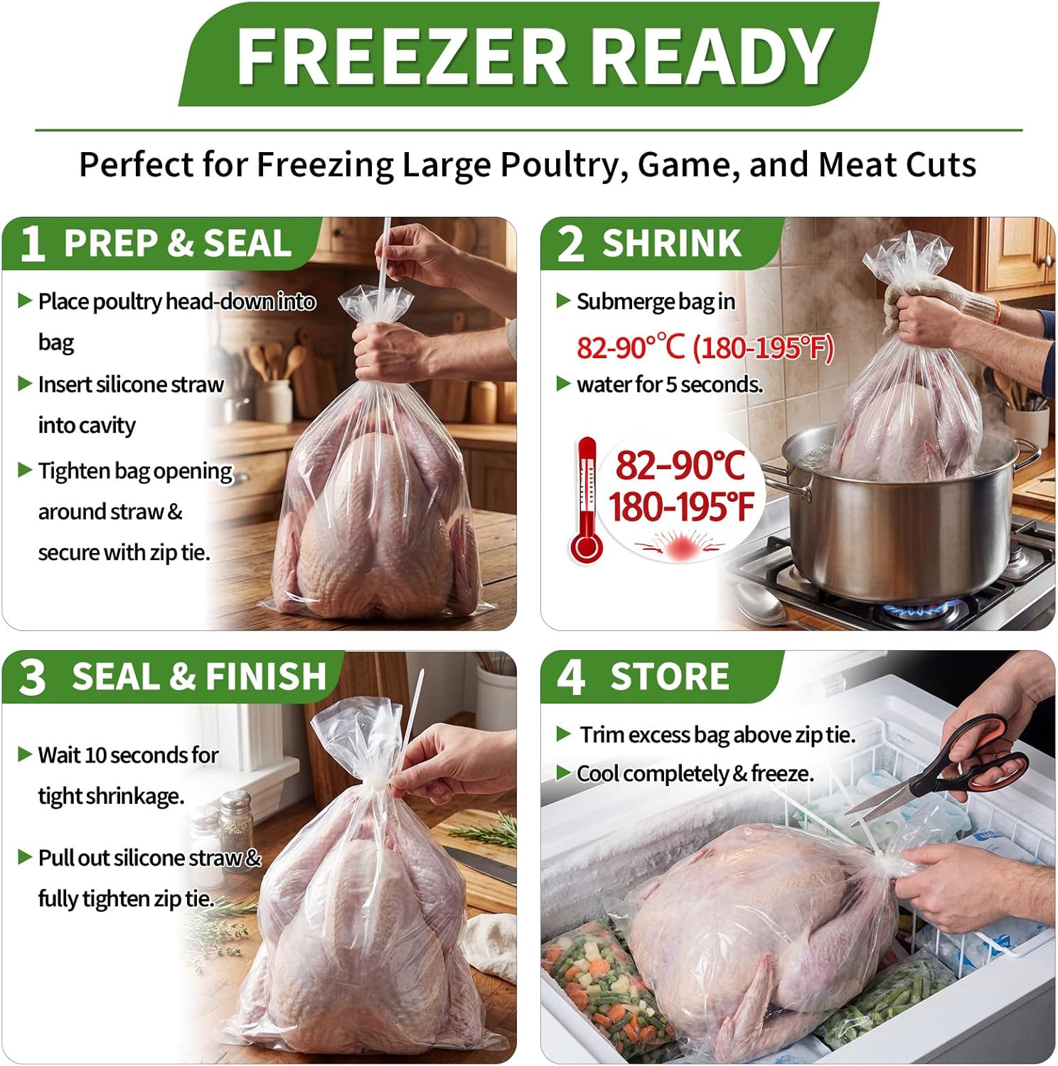 Feifeiya Extra Large Turkey Shrink Bags 15 Pcs 18x32 Inches Clear Poultry Heat Shrink Bags Freezer with Zip Ties，Straws for Family Turkey Chickens Rabbits Meat Storage