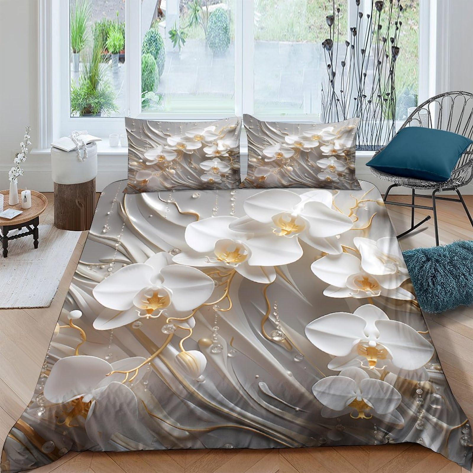 GPLZQXKJNH 3D Printed White Orchid Duvet Cover Set Microfiber Soft Floral Gold Bedding Set with 2 Pillowcases for Bedroom Decor Single（135x200cm）