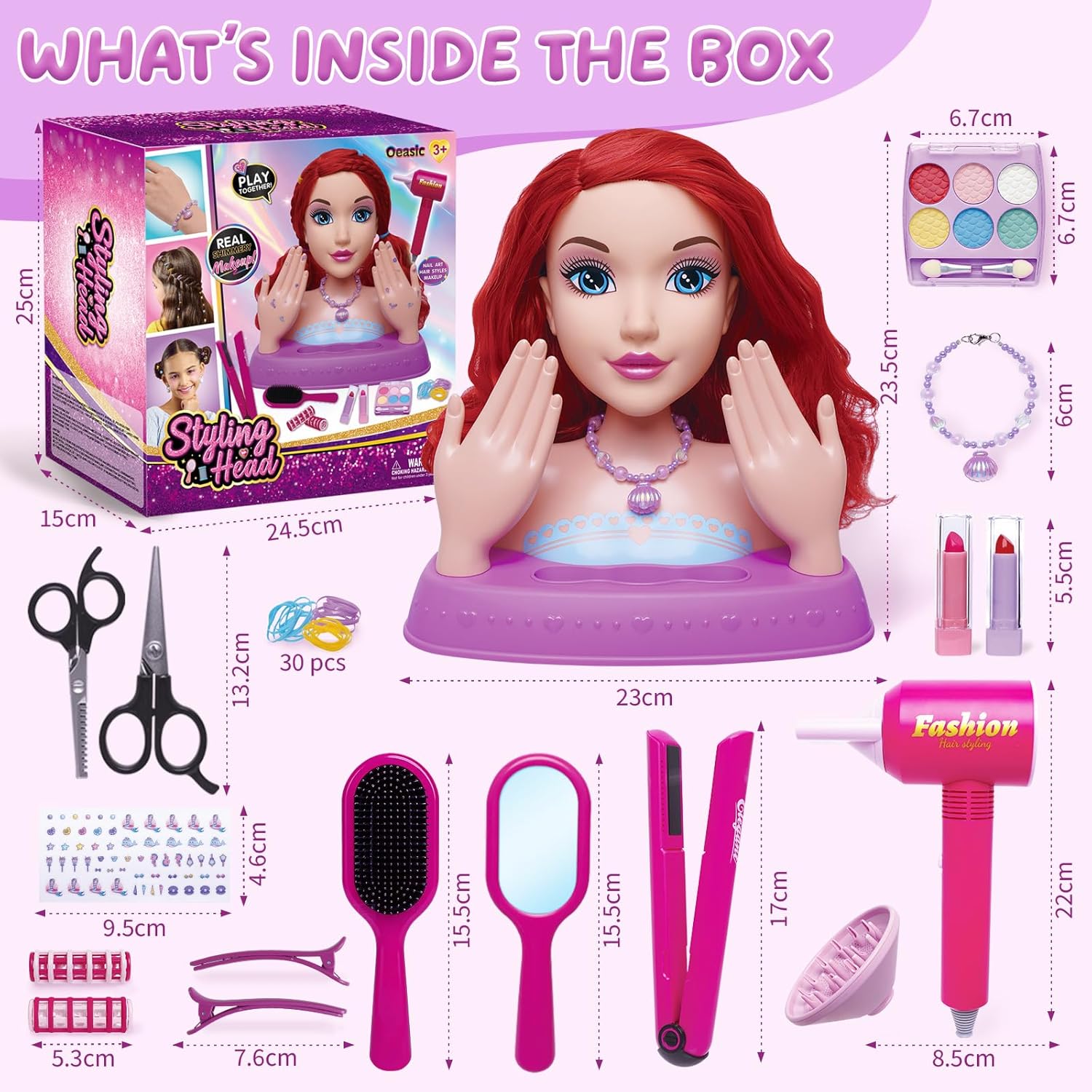 Hair Styling Doll Head 10.5" with Washable Makeup, Pretend Play Hair Salon Toy for Girls, Princess Styling Head with Hair Dryer, Rollers & 20+ Accessories, Birthday Gift for Girls Ages 3–10
