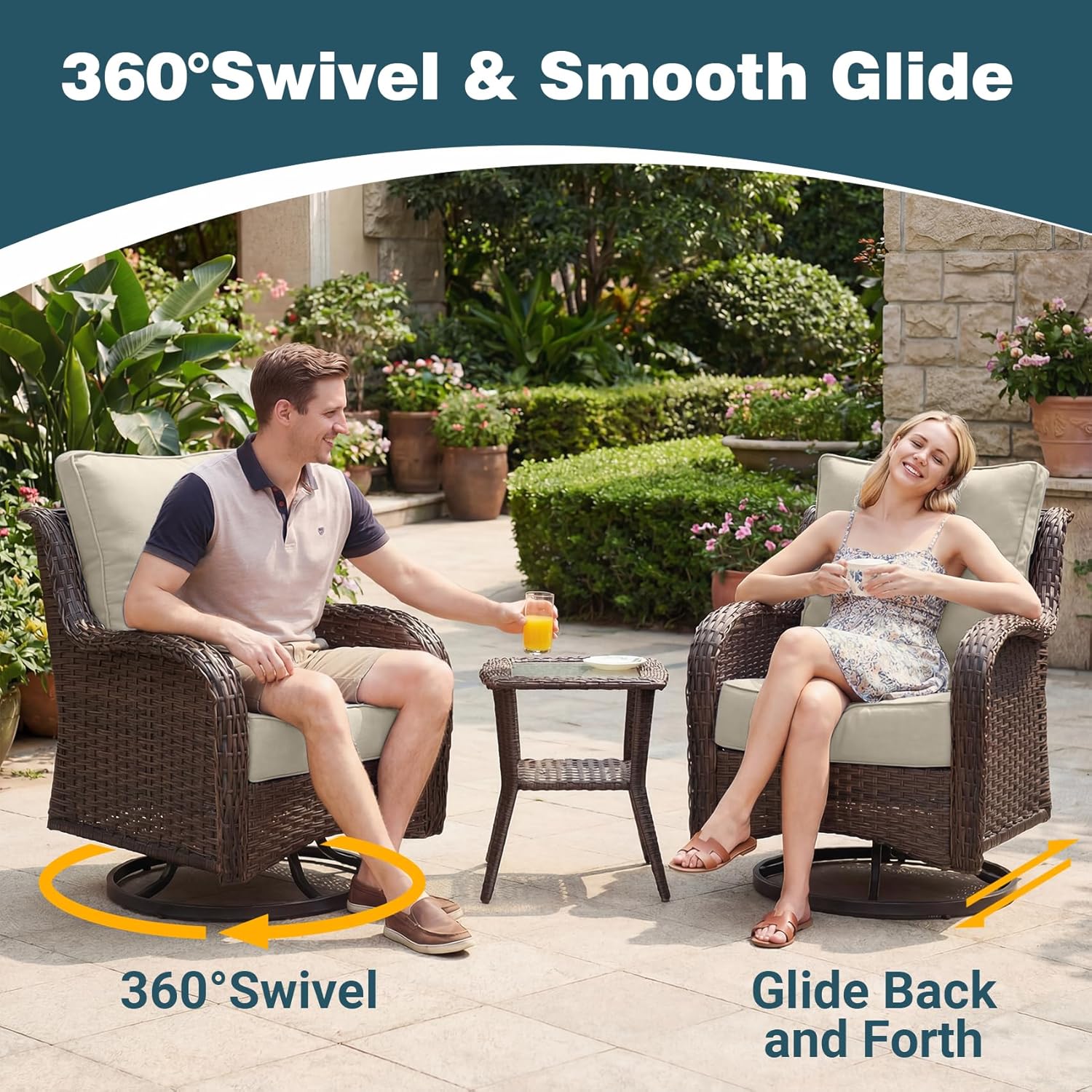 Patio Furniture Set, 5PCS Outdoor Wicker Conversation Set with 6" Thick Cushions, High Back Rattan Sofa & Swivel Rocker Chairs, Weather Resistant Olefin Fabric for Garden, Poolside, Beige