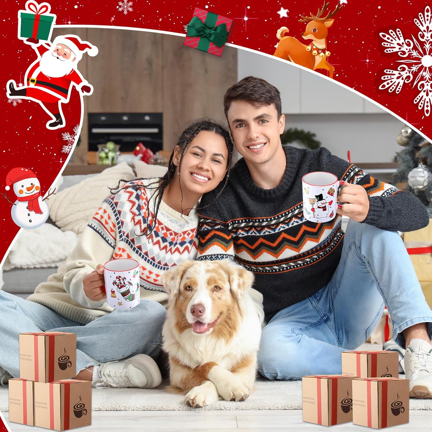 Potchen Christmas Coffee Mugs Set of 6 12 Oz White Ceramic Coffee Cups with Santa Snowman Reindeer Gingerbread Hot Cocoa Mugs for Women Men Christmas Gift Table Centerpieces Decor