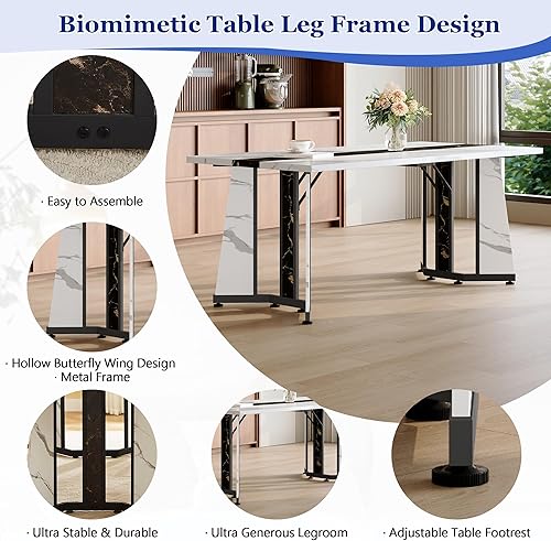 Miniatura 5 de Juego de mesa de comedor para 6, mesa de comedor de mármol blanco de 71 pulgadas con amplio espacio para las piernas y sillas de comedor de cuero