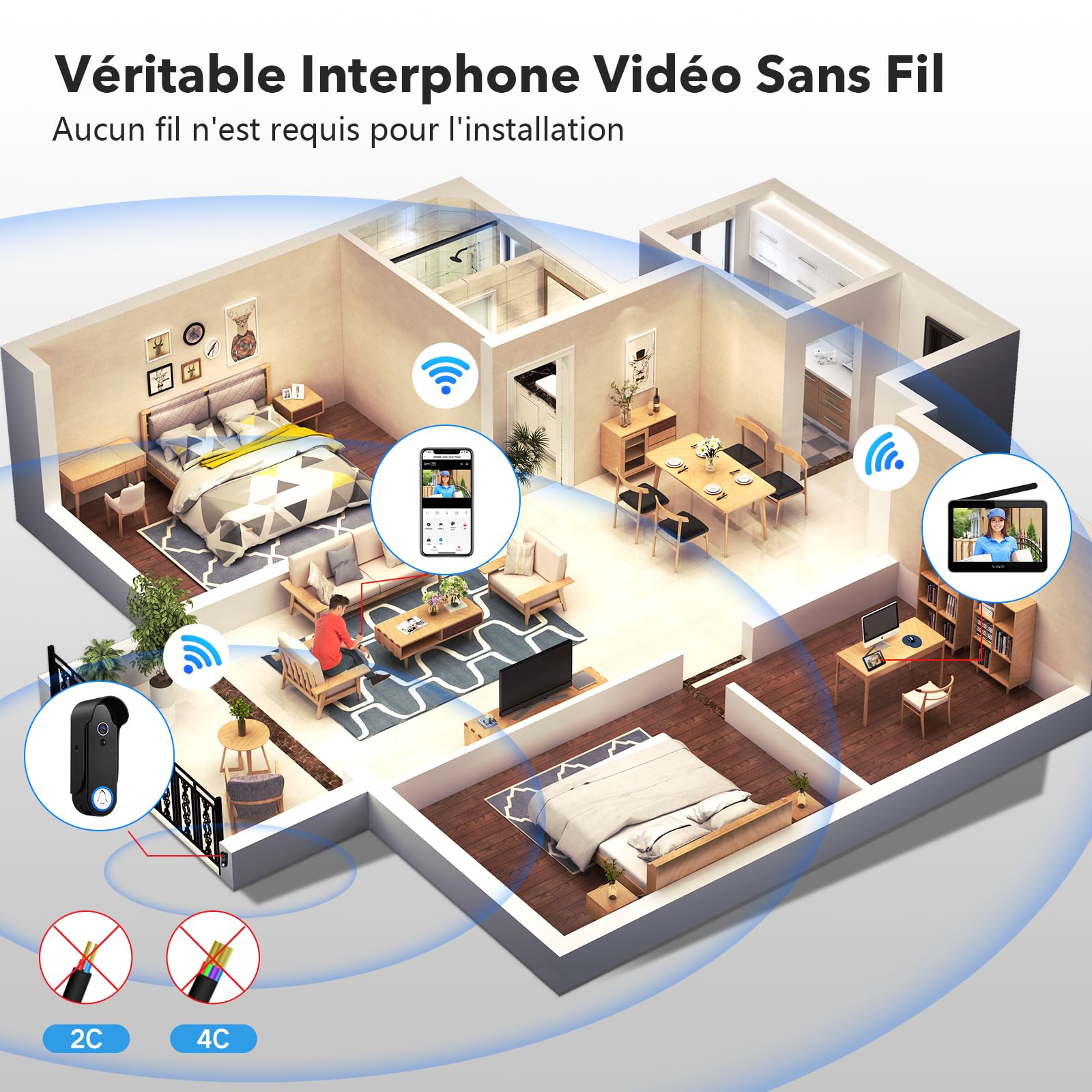 1080P WiFi Visiophone Sans Fil,Interphone Vidéo Sans Fil avec Écran Tactile 7'', Étanche Sonnette de Camera ave Batterie Rechargeable, Vision Nocturne, PIR Détection de Mouvement, Contrôle APP