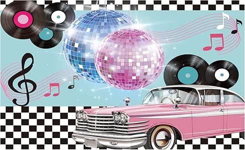 Funnytree 50s Retro Rock N Roll Diner Party Backdrop Car Sock Hop Dance Cosplay Prom Photography Background Classic 1950s Baby Birthday Wedding Banner Cake Table Decoration Photo Booth