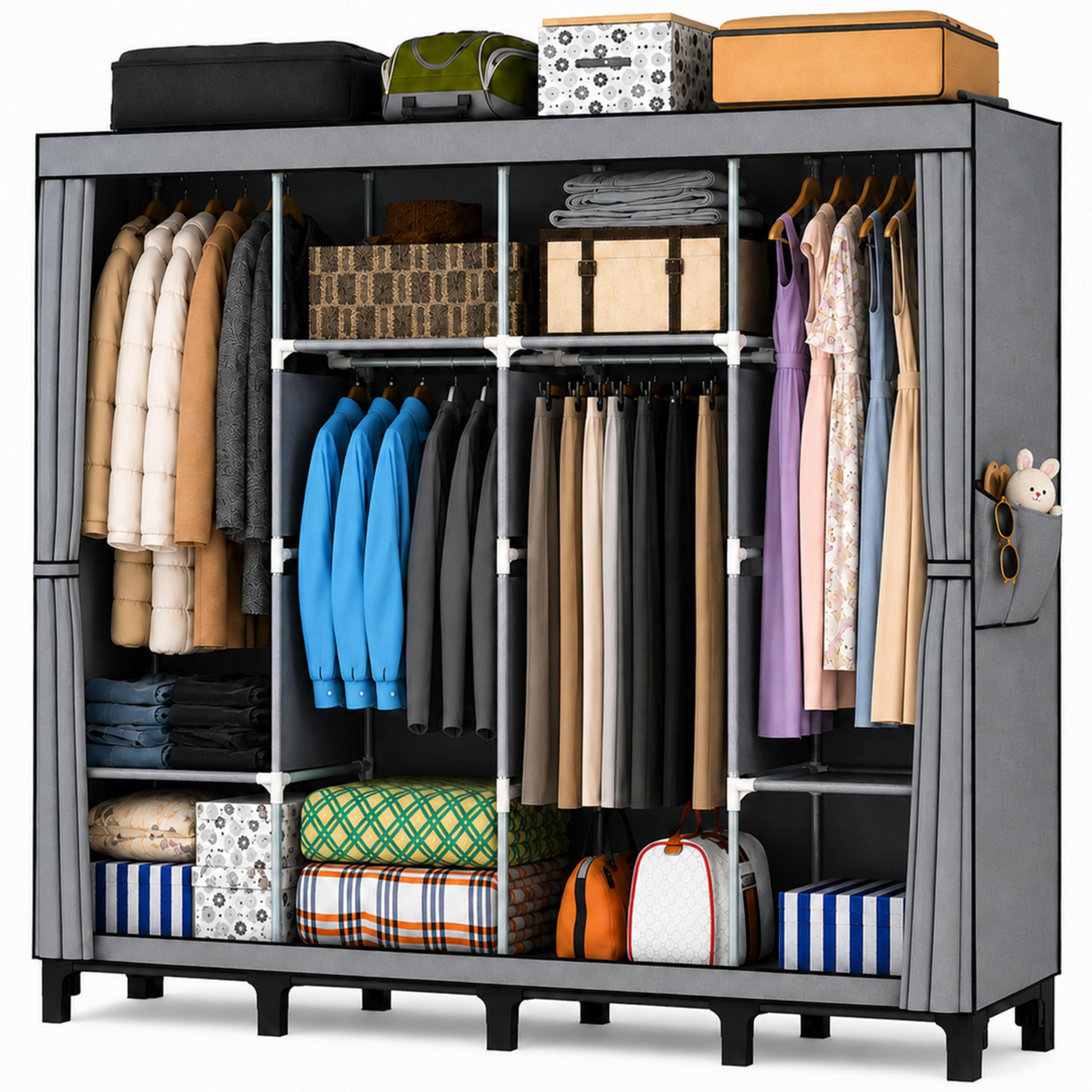 YasTant Canvas Wardrobe for Bedroom Fabric Wardrobe with 3 Hanging Rails, Portable Temporary Stable Base (Gray, 4 Columns(W 170cm))