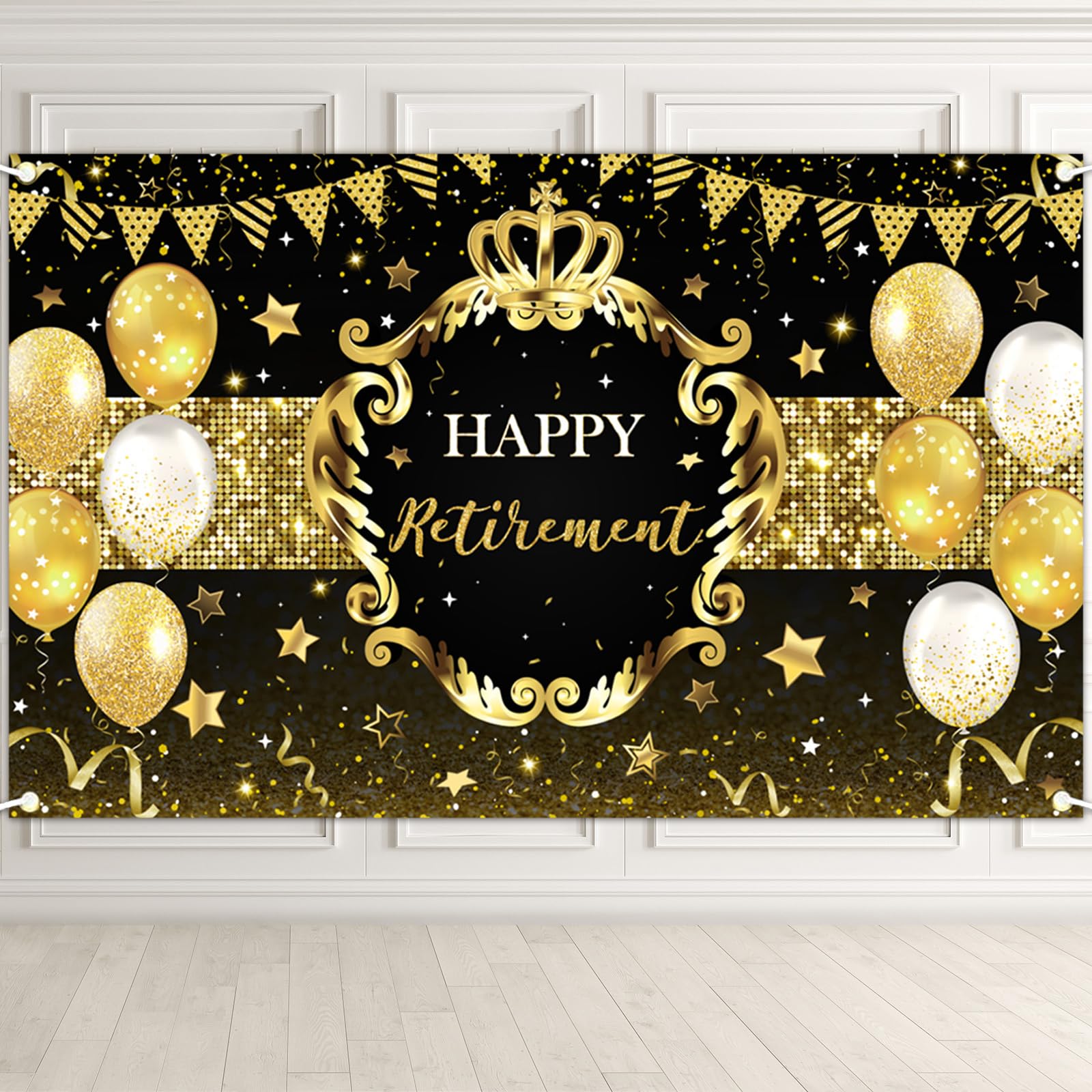 Lecheme Happy Retirement Banner 6x3.6 ft Black Gold Happy Retirement Backdrop for Men Women Leaving Party Decorations Photo Booth Background