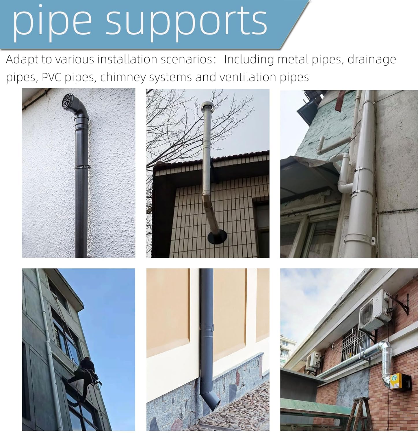 2 Sets 10 Inch Adjustable Pipe Hanger Strap，Heavy Duty Galvanized Iron Stove Pipe Bracket，Wall Support Chimney Pipe Holder，Round Split Ring Vent Conduit Carrier Kit，with All Mounting Screws