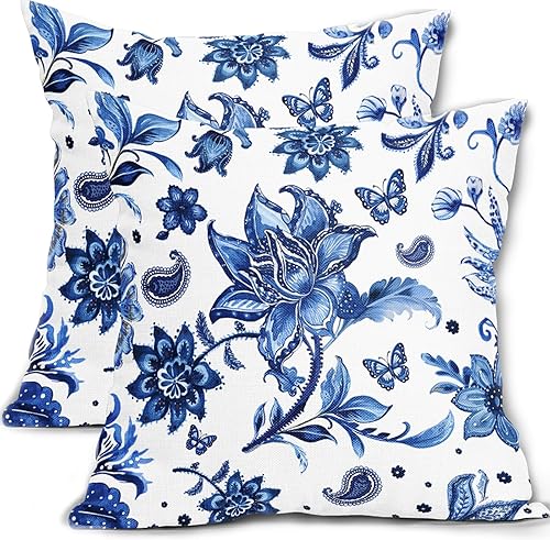 Juego de 2 fundas de almohada decorativas azules y blancas de 18 x 18 pulgadas, fundas de almohada de estilo chinoiserie, fundas de almohada