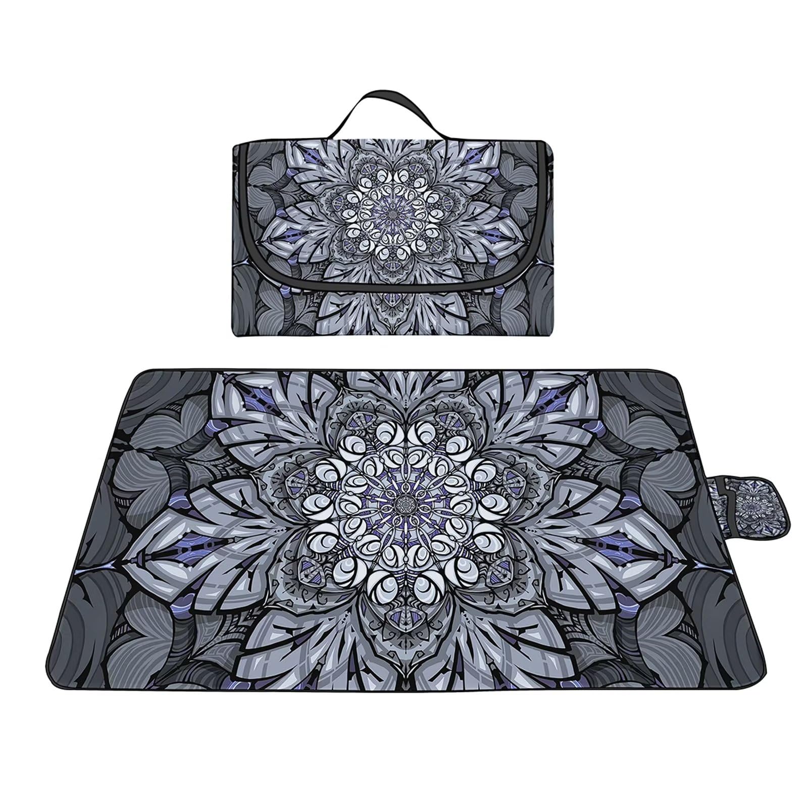 Picknickdecke 200x300cm,XXL Picknickdecke mit Wasserdichter Unterseite,Outdoor Stranddecke Sandfrei,mit Tragegriff Faltbare Picnic Blanket für Camping,Strand,Park,Familie,Konzerte Graues Mandala