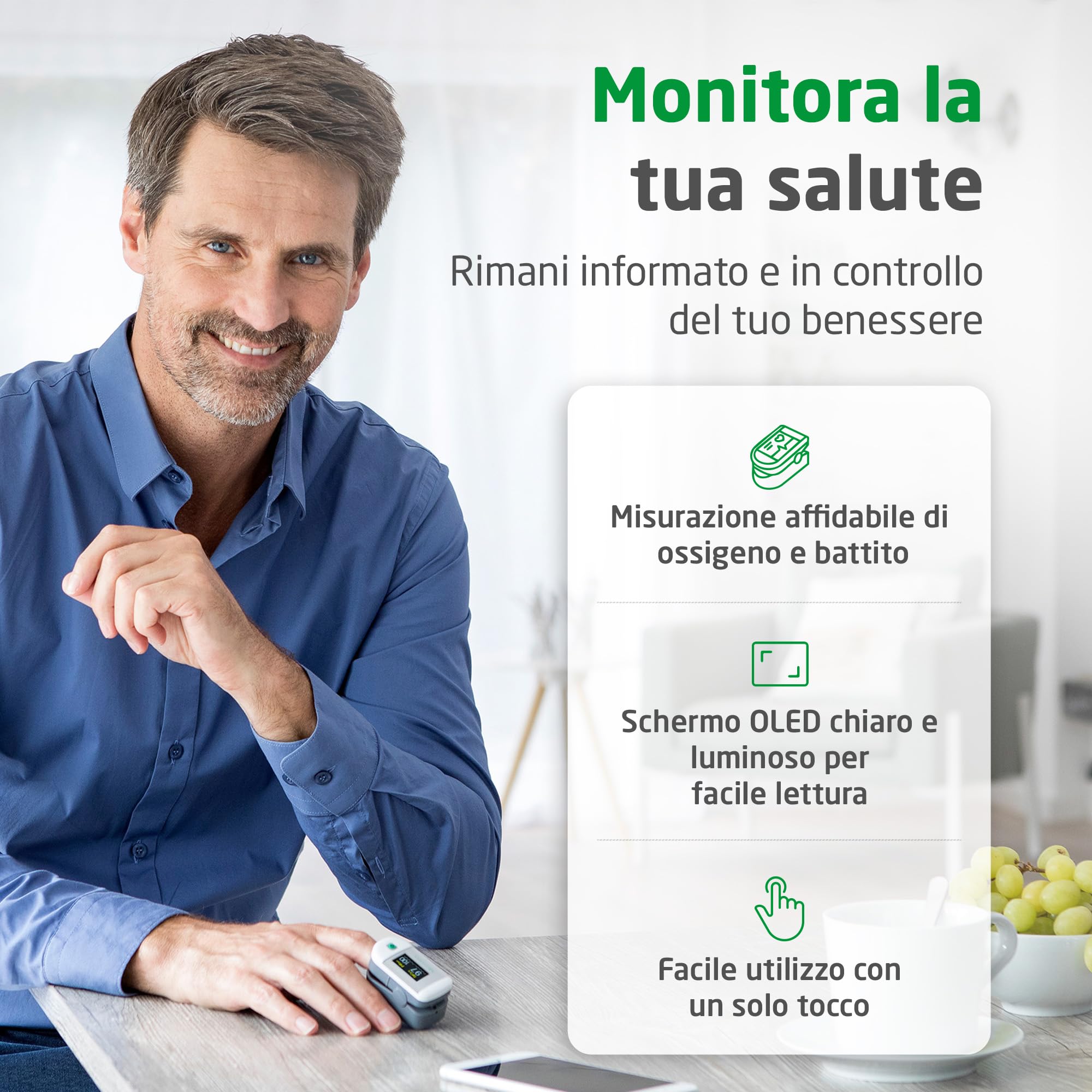 Medisana PM 100, misurazione di saturazione dell'ossigeno nel sangue, pulsossimetro da dito con display OLED e funzionamento one-touch