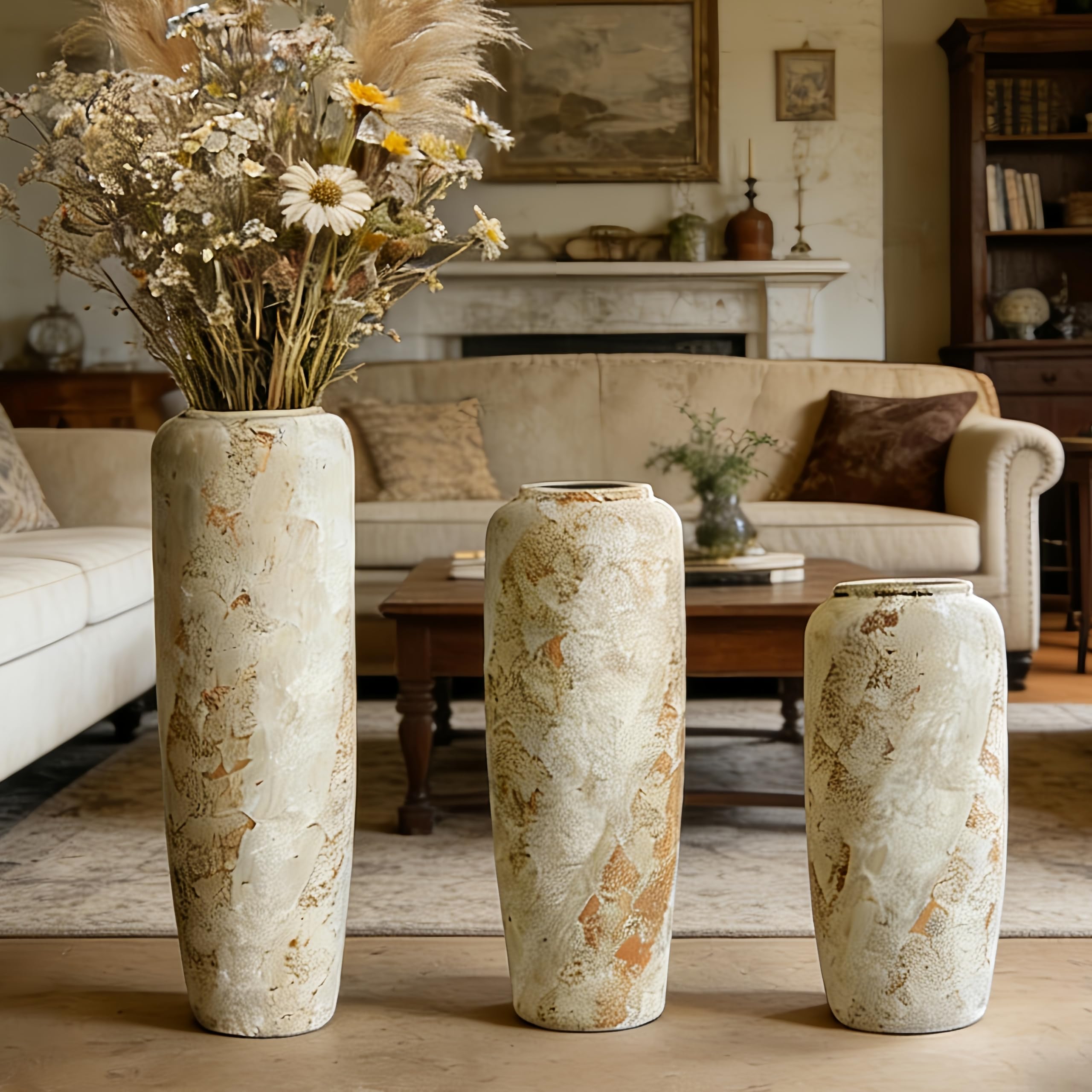 Boho Bodenvase aus Keramik, 60 cm, Rustikale Vintage Vase für Wohnzimmer Dekoration, Pampasgras oder Trockenblumen, Perfekt für Regale und Tische