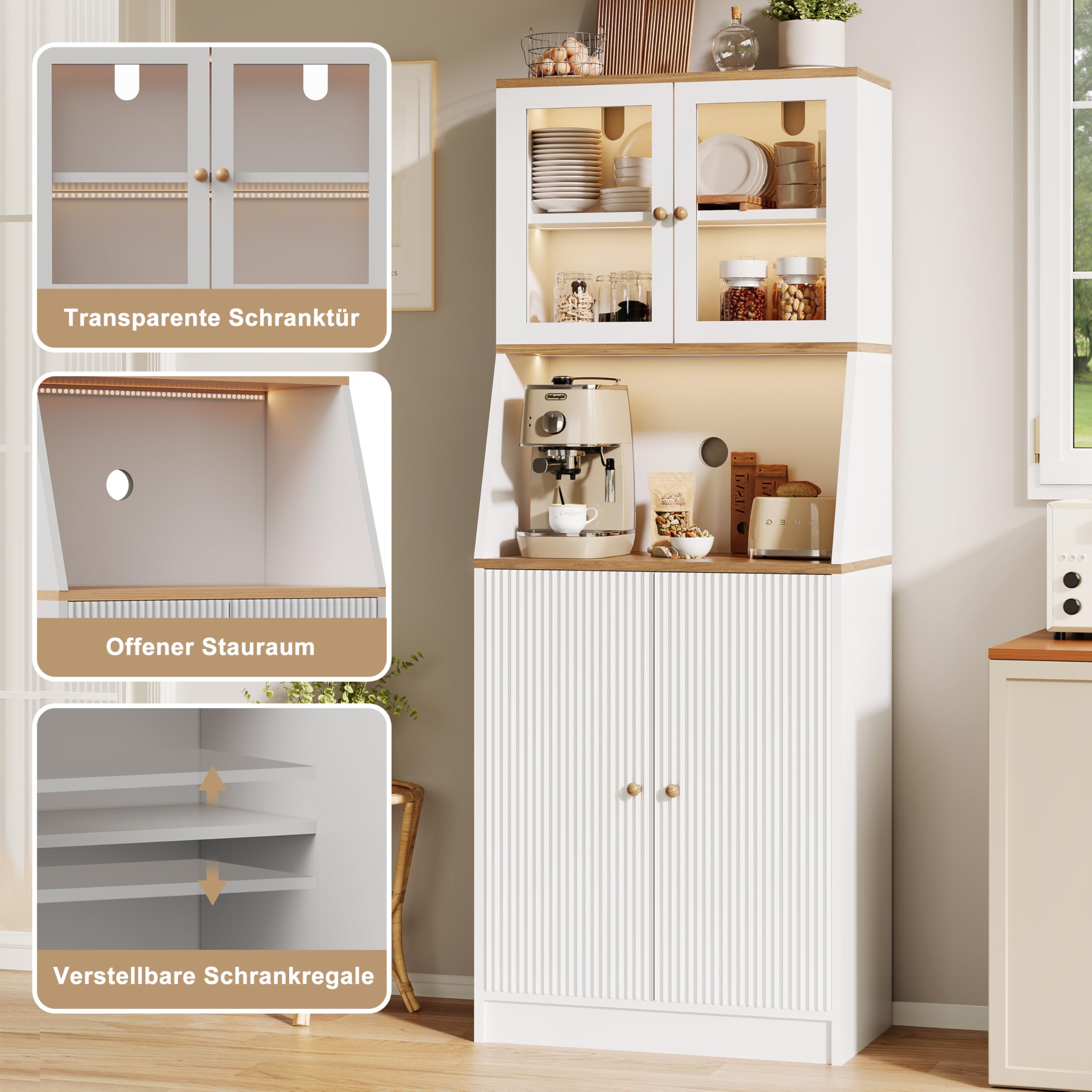 Küchenschrank 180cm mit 4 Türen und 5 Ebenen, Küchenbuffet mit Glastüren, Küchenschrank mit LED, Aufbewahrung mit Arbeitsplatte, Freistehender Küchenschränke Sideboard (Weiß)