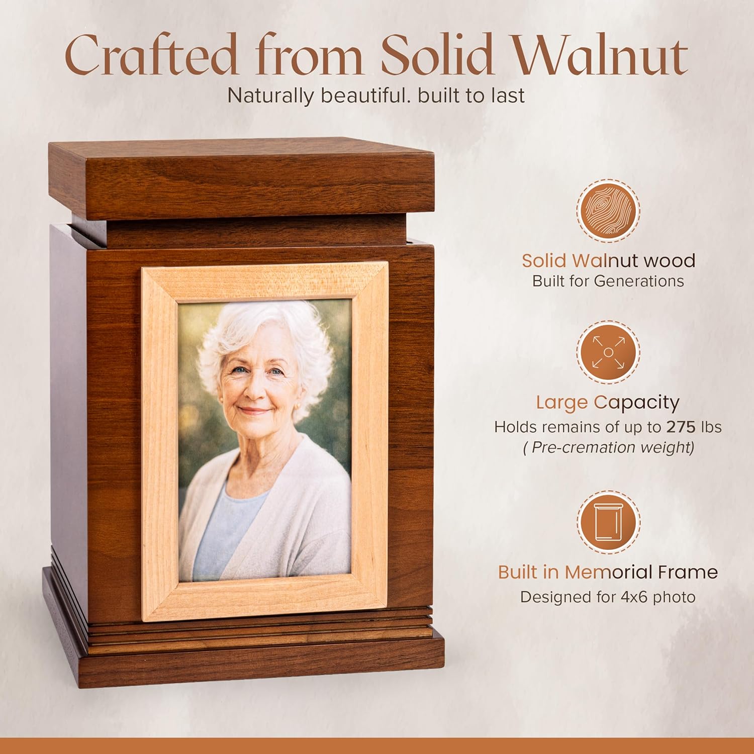 Walnut Wood Urns for Human Ashes – Large Adult Cremation Urn with Photo Frame – Memorial Funeral Urn Box for Ashes, Solid Wooden Urn with Velvet Bag