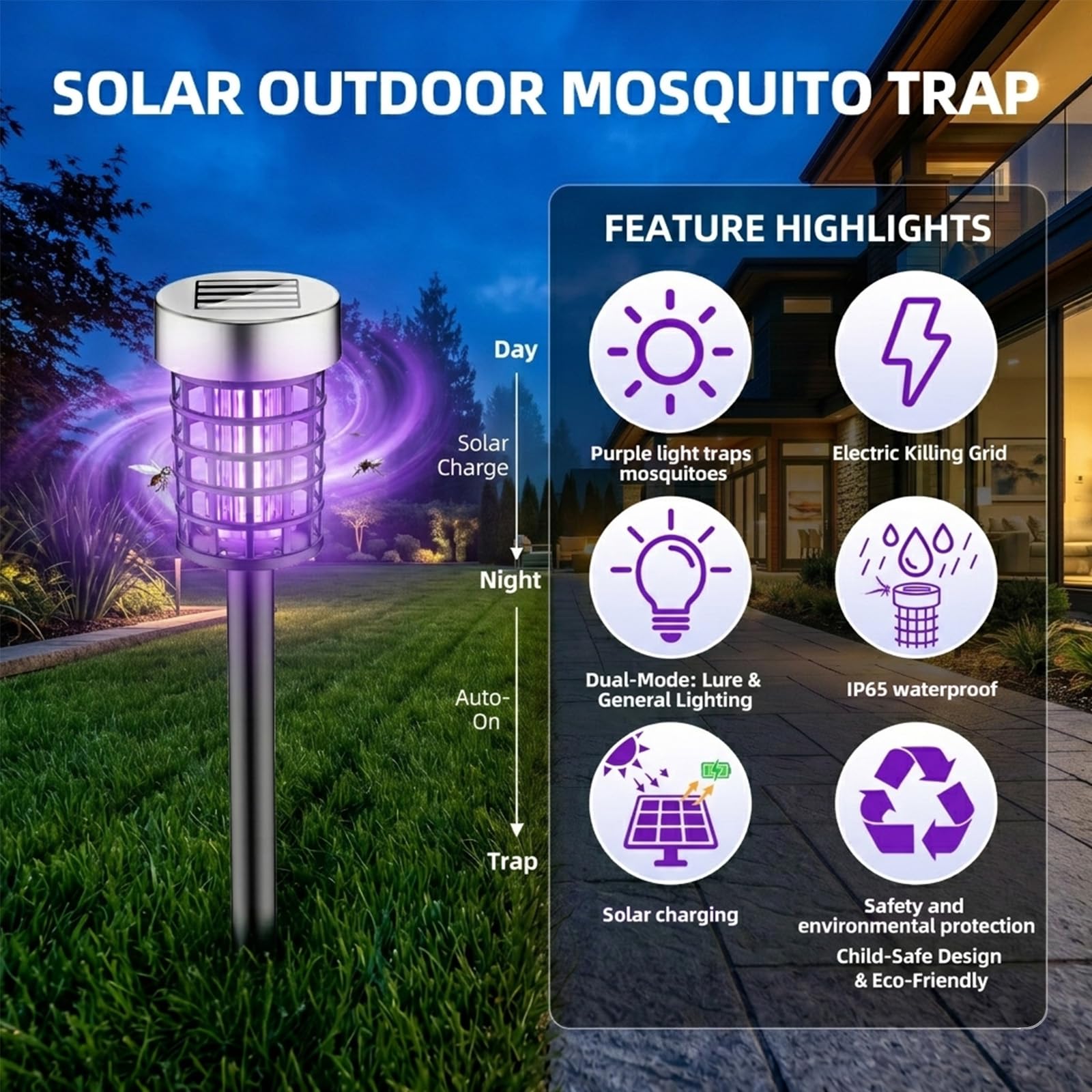 Solar-Insektenvernichter für den Außenbereich, wasserdicht, Mückenvernichter für draußen, Mückenfalle zur Abwehr von kleinen fliegenden Insekten, Solar-Fliegenvernichter für Hof, Terrasse, Garten, 4
