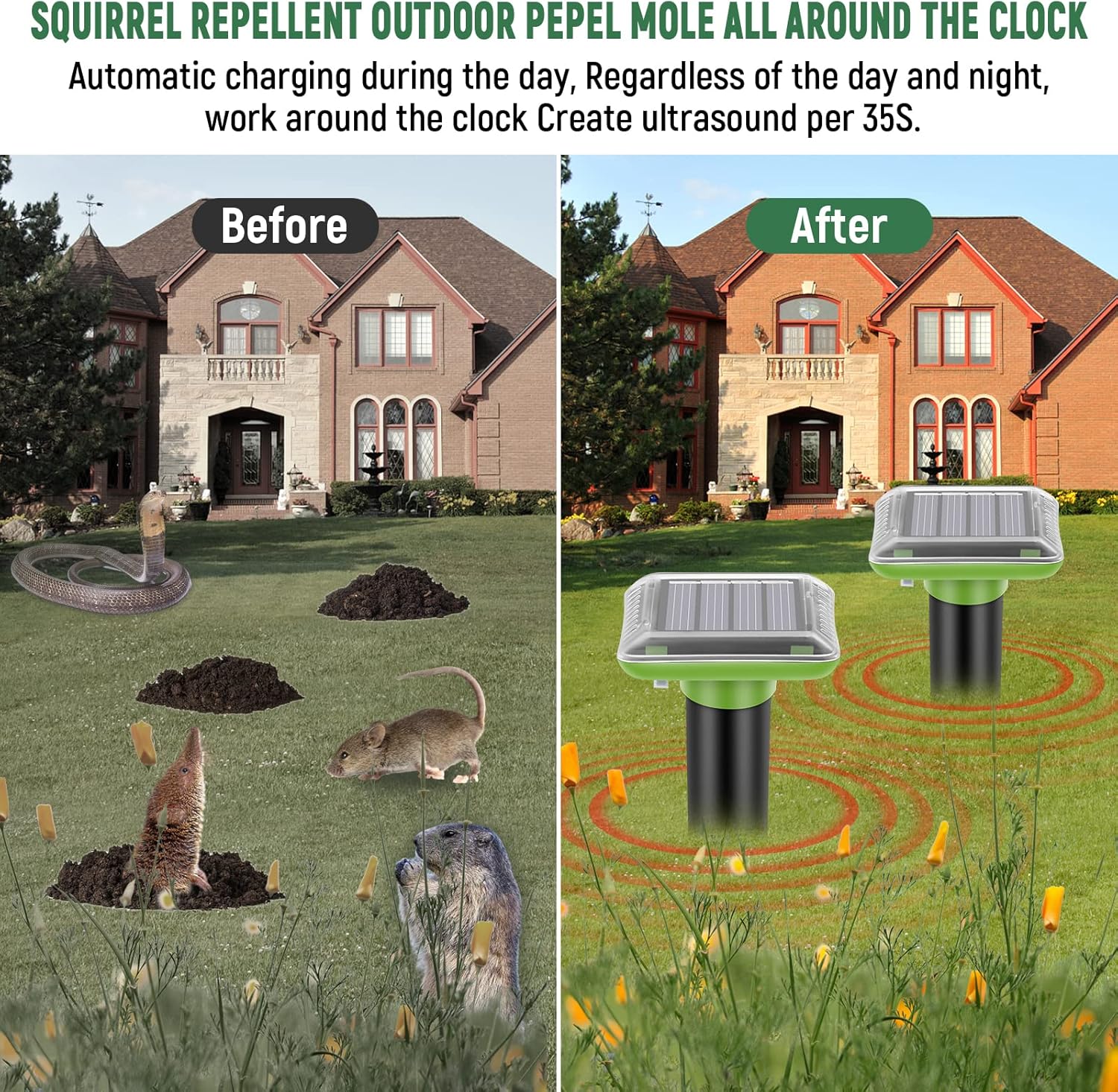 Mole Repellent Solar Powered,2026 Upgraded Gopher Repellent Ultrasonic Solar Powered,Vole Repeller Outdoor for Lawns Garden Yard,Gopher Trap Killer for Mole,Snake (Green,4 Pack)