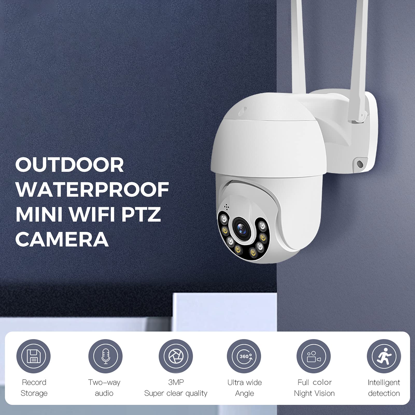 Kamera do monitoringu WiFi do użytku na zewnątrz, 3 MP Wireless Pan Tilt 360° View IP kamera do monitoringu domu z kolorowym widokiem w nocy, wykrywanie ruchu, dwukierunkowy lub zdalny dostęp, wodoszczelność IP65