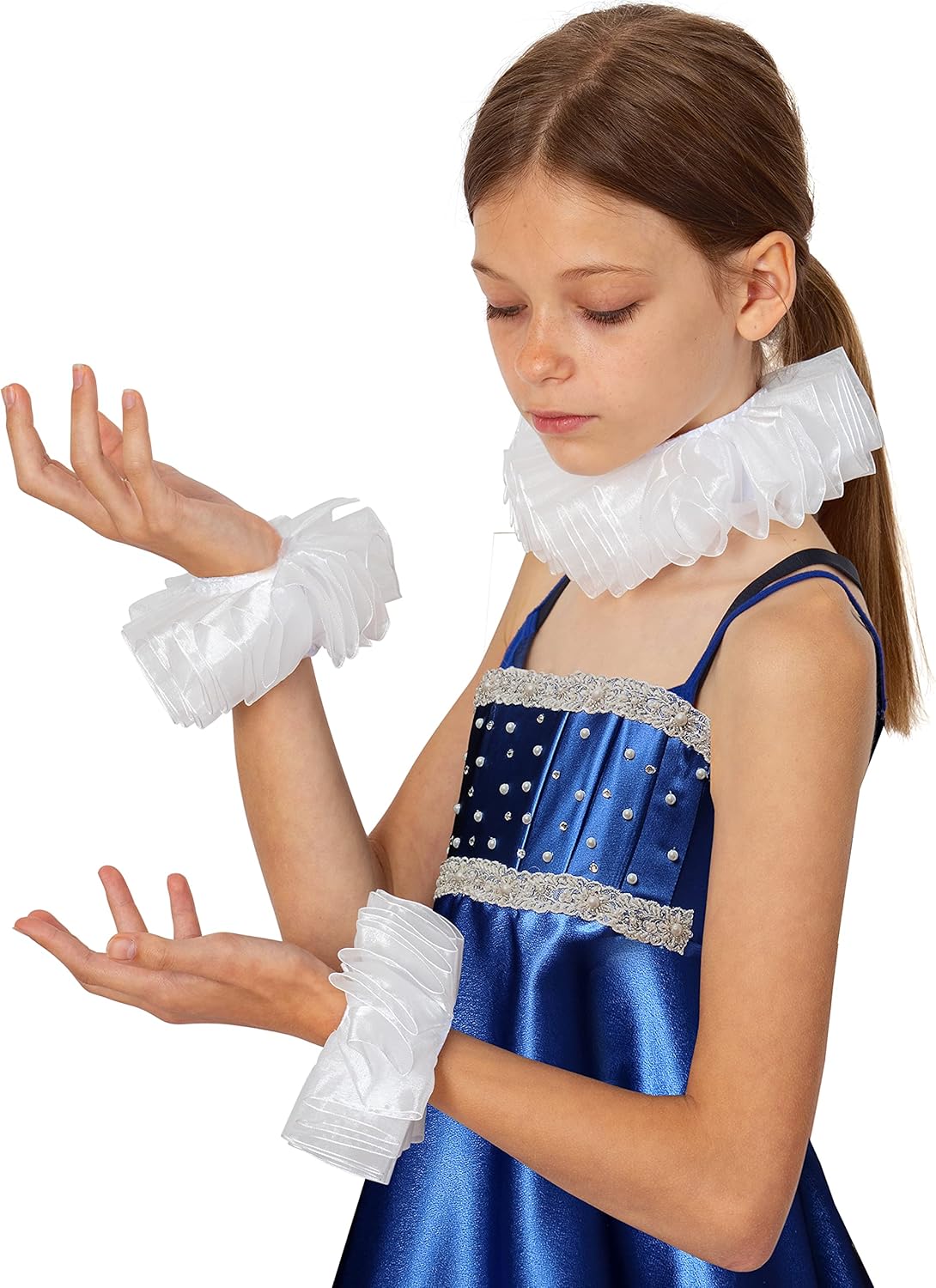 Skeleteen Renaissance Collar Cuff Set – Vintage White Neck Ruff and Wrist Ruffle Cuffs Costume Accessories Dress Up Kit