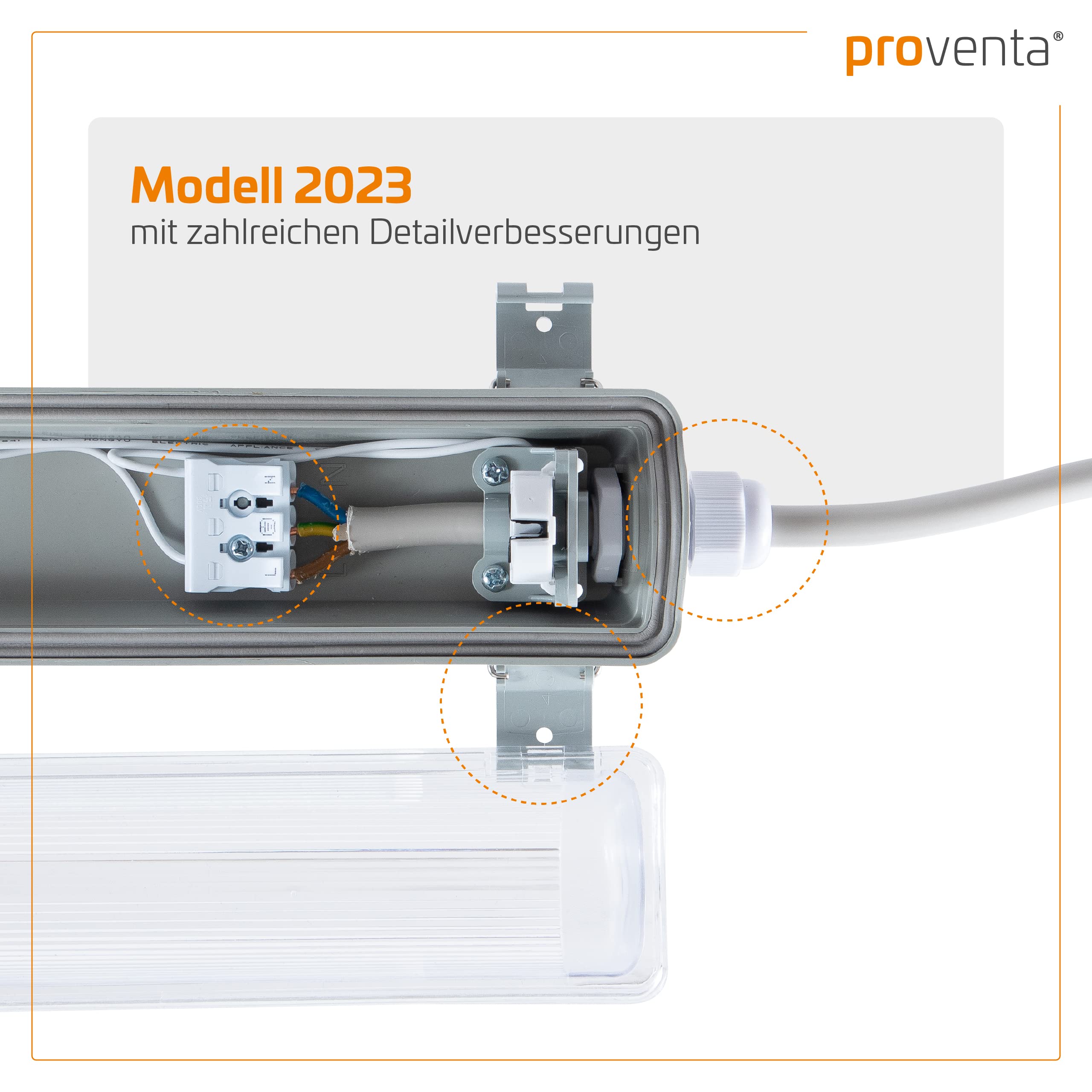 proventa IP65 LED-Feuchtraumleuchte 120cm mit 18W LED-Röhre 2.160 Lumen Klappdeckel Steckklemme Kabeleinführung bis NYM-J 3x2,5mm² - Sparset 8x