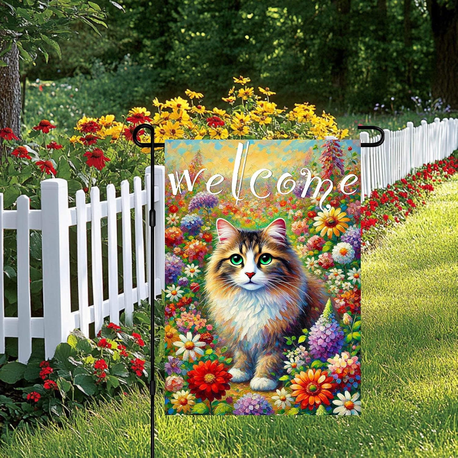 Spring Welcome Cat Garden Flag Double Sided 12x18 Inch Tabby Cat Garden Flag Funny Floral Tulip Cats Flags Vertical Farmhouse Welcome Yard Spring Summer Seasonal Outdoor Porch Decor - Image 2