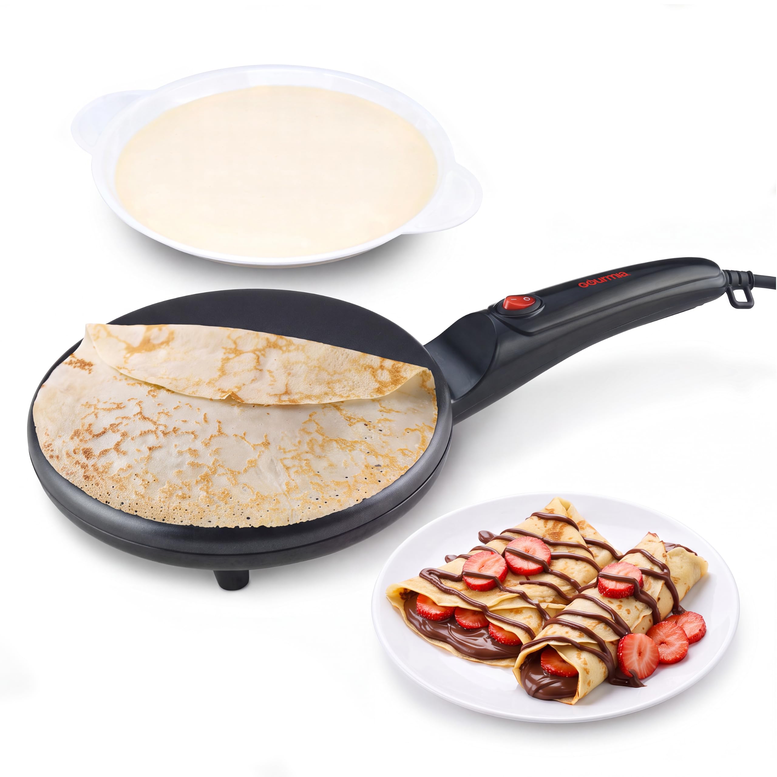 Gourmia Crepe Maker 8 pollici - Piastra elettrica in ceramica antiaderente per frittelle, omelette e omelette, immersione automatica dell'impasto, compatta e leggera, riscaldamento rapido, con piastra