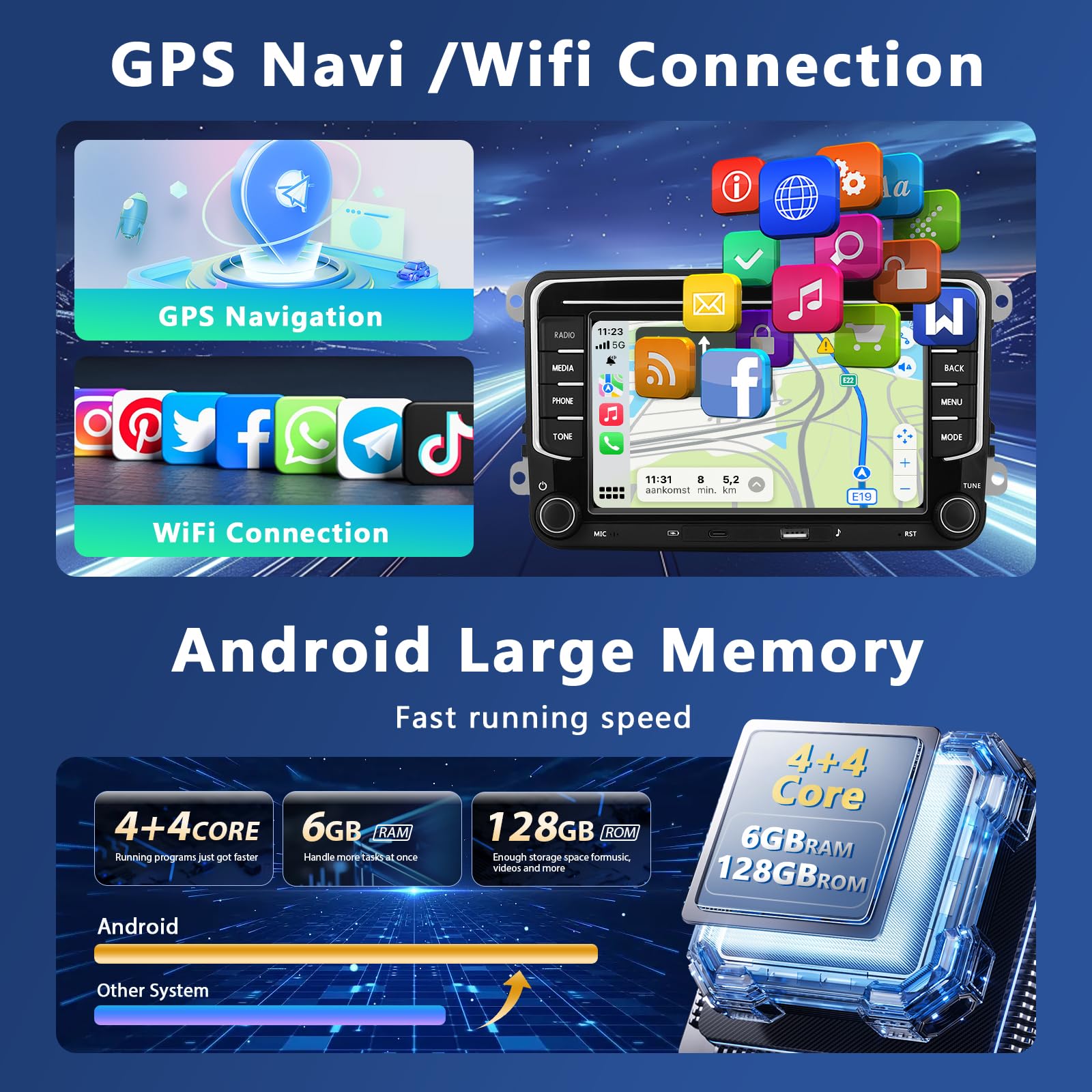 6+128G Motorsi Radio samochodowe do VW Golf 5 Tiguan Touran Passat Polo Skoda Caddy Seat z bezprzewodowym siedzeniem Carplay Android Auto 7" ekran dotykowy Navi/WiFi/FM/RDS/SWC/Canbus/Bluetooth/EQ+