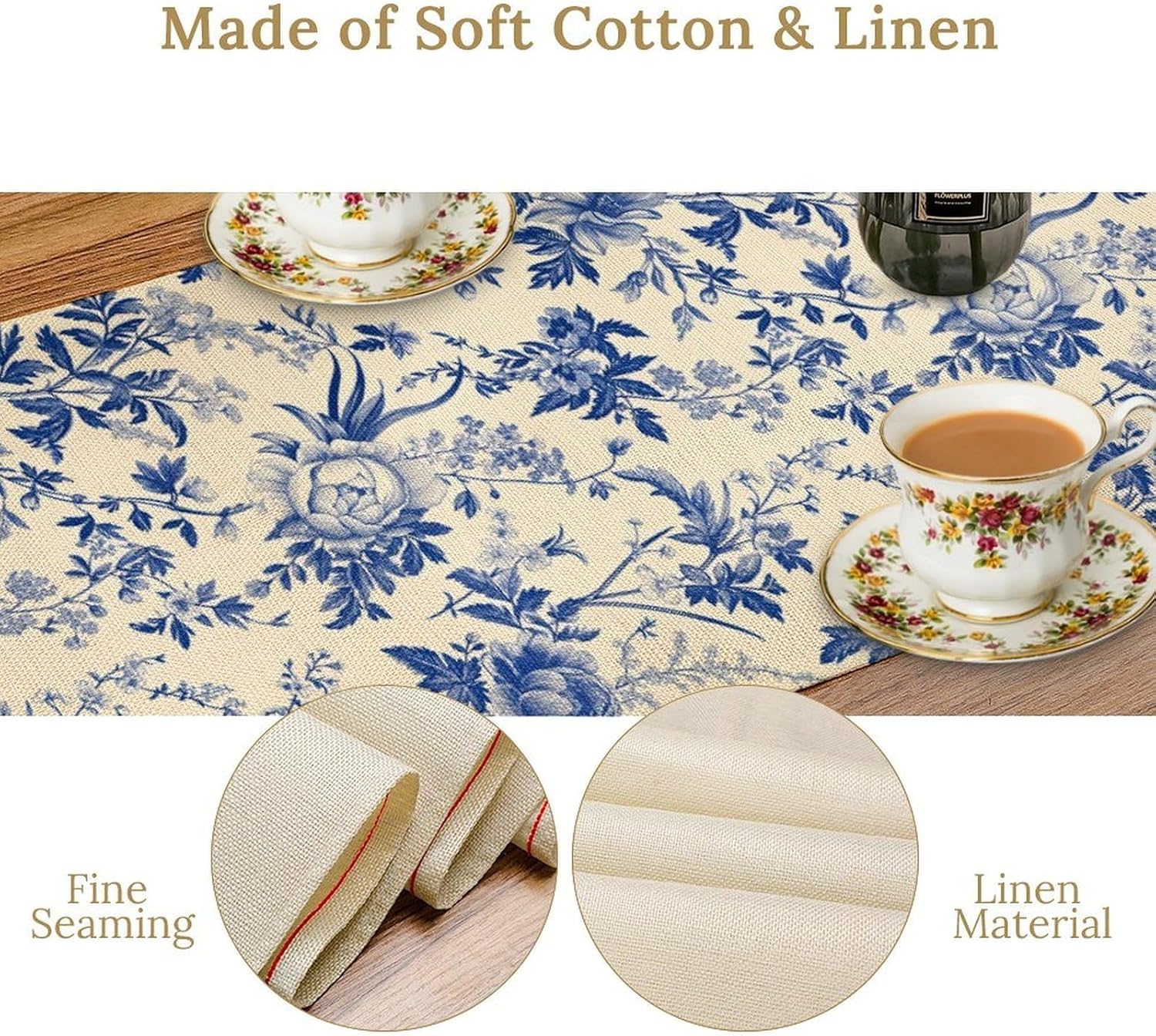 Vintage Blue Floral Table Runner, Retro Country Flowers Botanical Design Table Runner for Kitchen Dining Home Party Outdoor Indoor Decor, 13x120 Inch